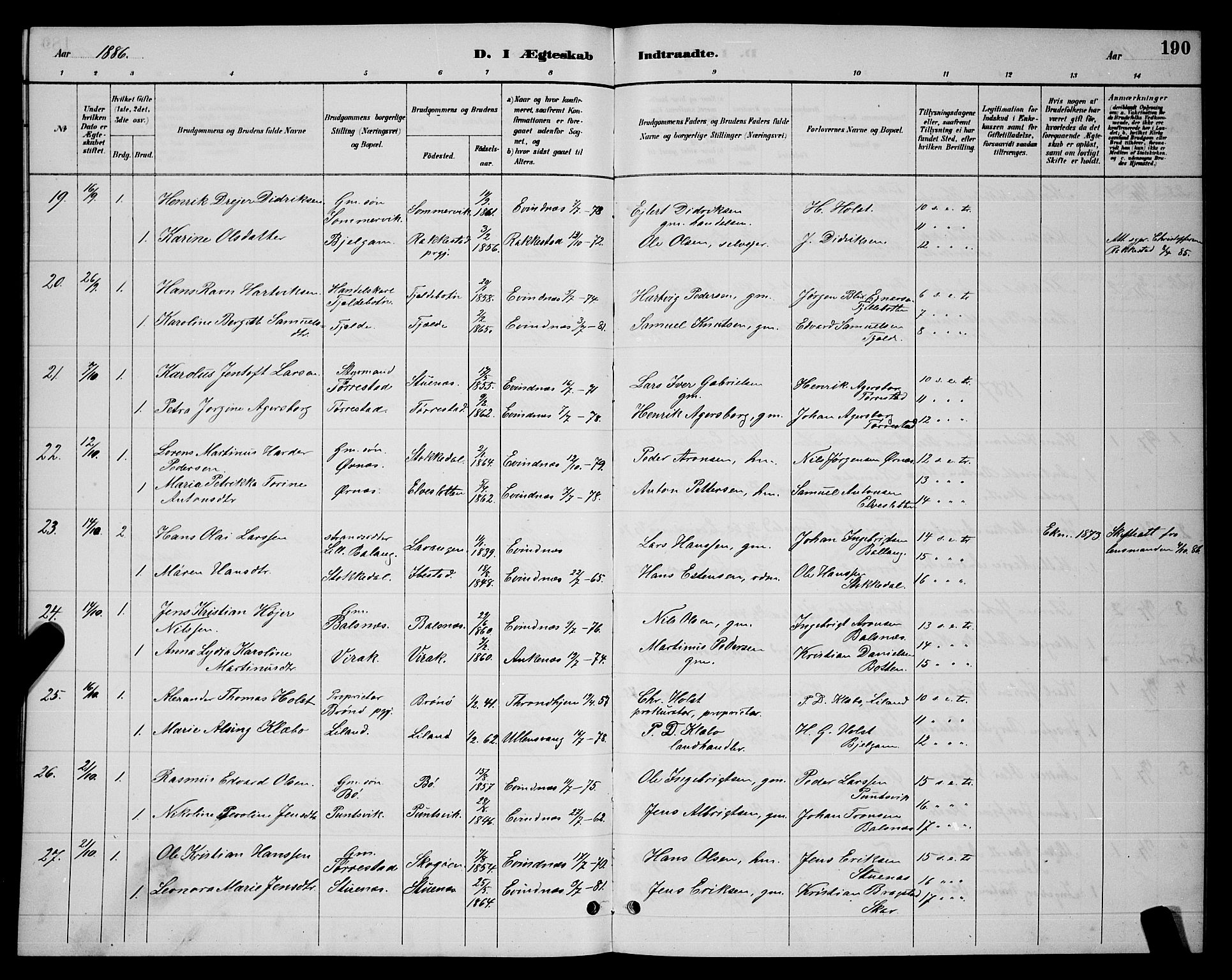 Ministerialprotokoller, klokkerbøker og fødselsregistre - Nordland, AV/SAT-A-1459/863/L0914: Klokkerbok nr. 863C04, 1886-1897, s. 190