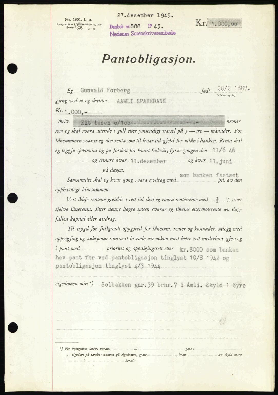 Nedenes sorenskriveri, SAK/1221-0006/G/Gb/Gbb/L0003: Pantebok nr. B3a, 1945-1945, Dagboknr: 888/1945