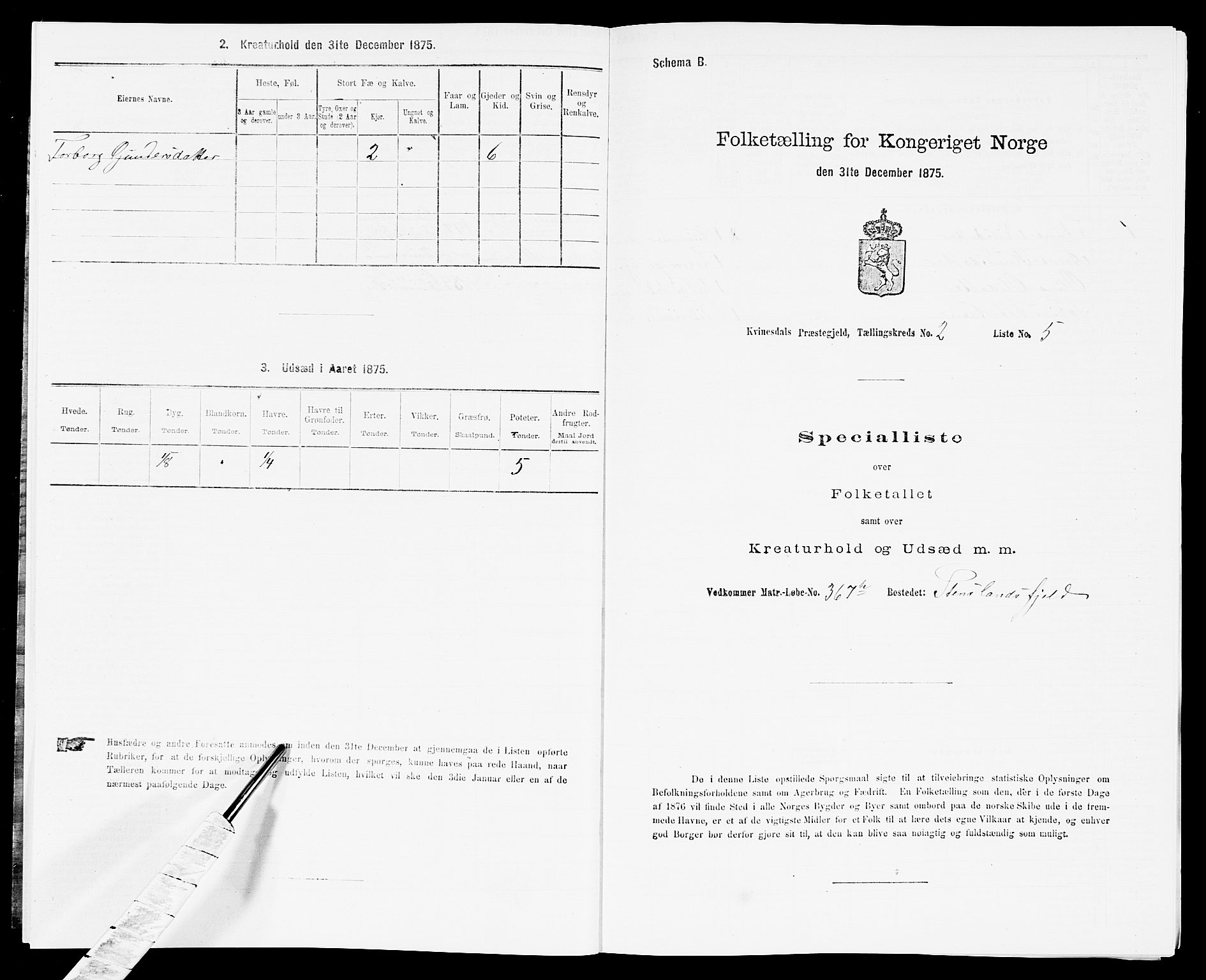 SAK, Folketelling 1875 for 1037P Kvinesdal prestegjeld, 1875, s. 281