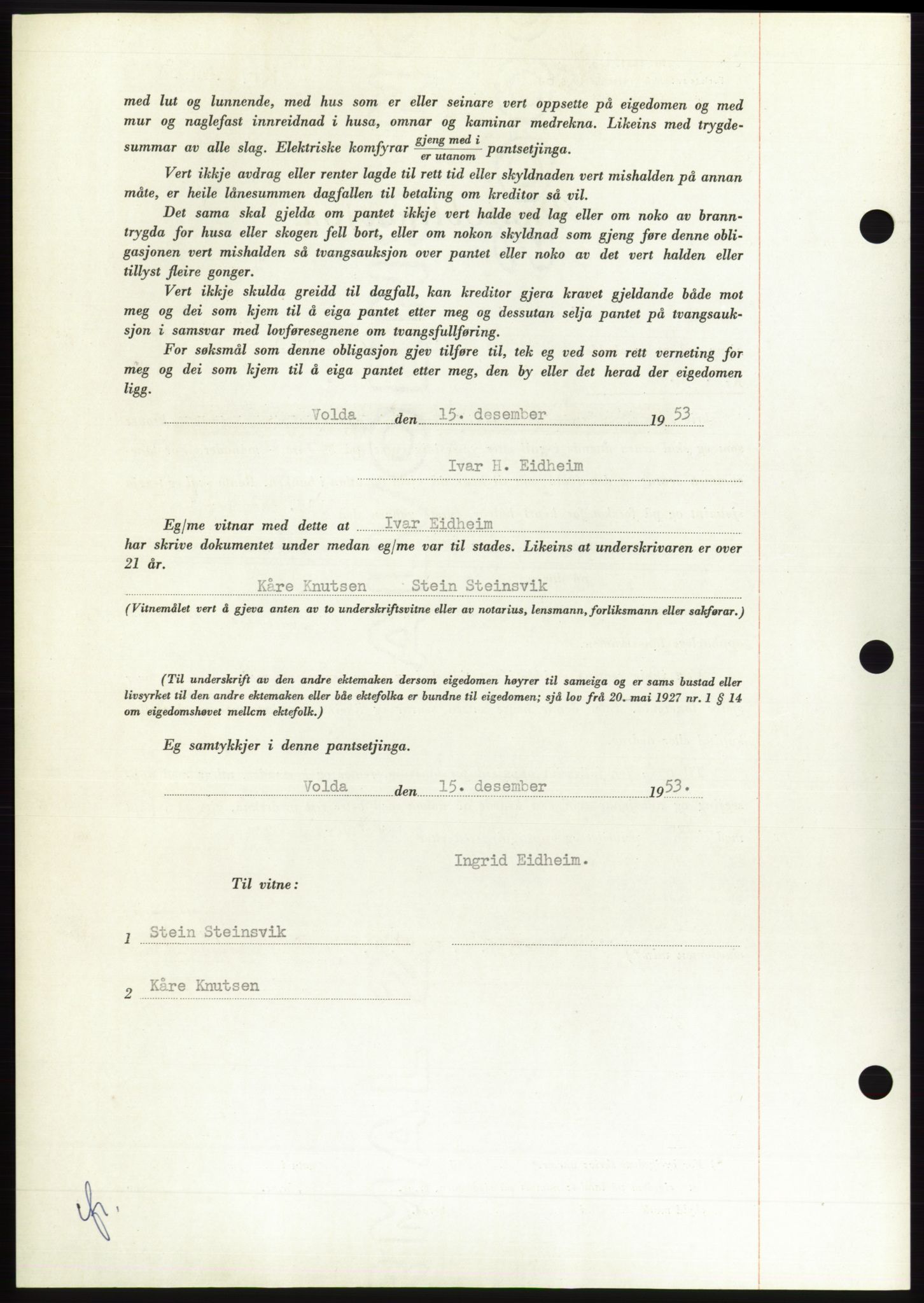 Søre Sunnmøre sorenskriveri, AV/SAT-A-4122/1/2/2C/L0124: Pantebok nr. 12B, 1953-1954, Dagboknr: 3164/1953