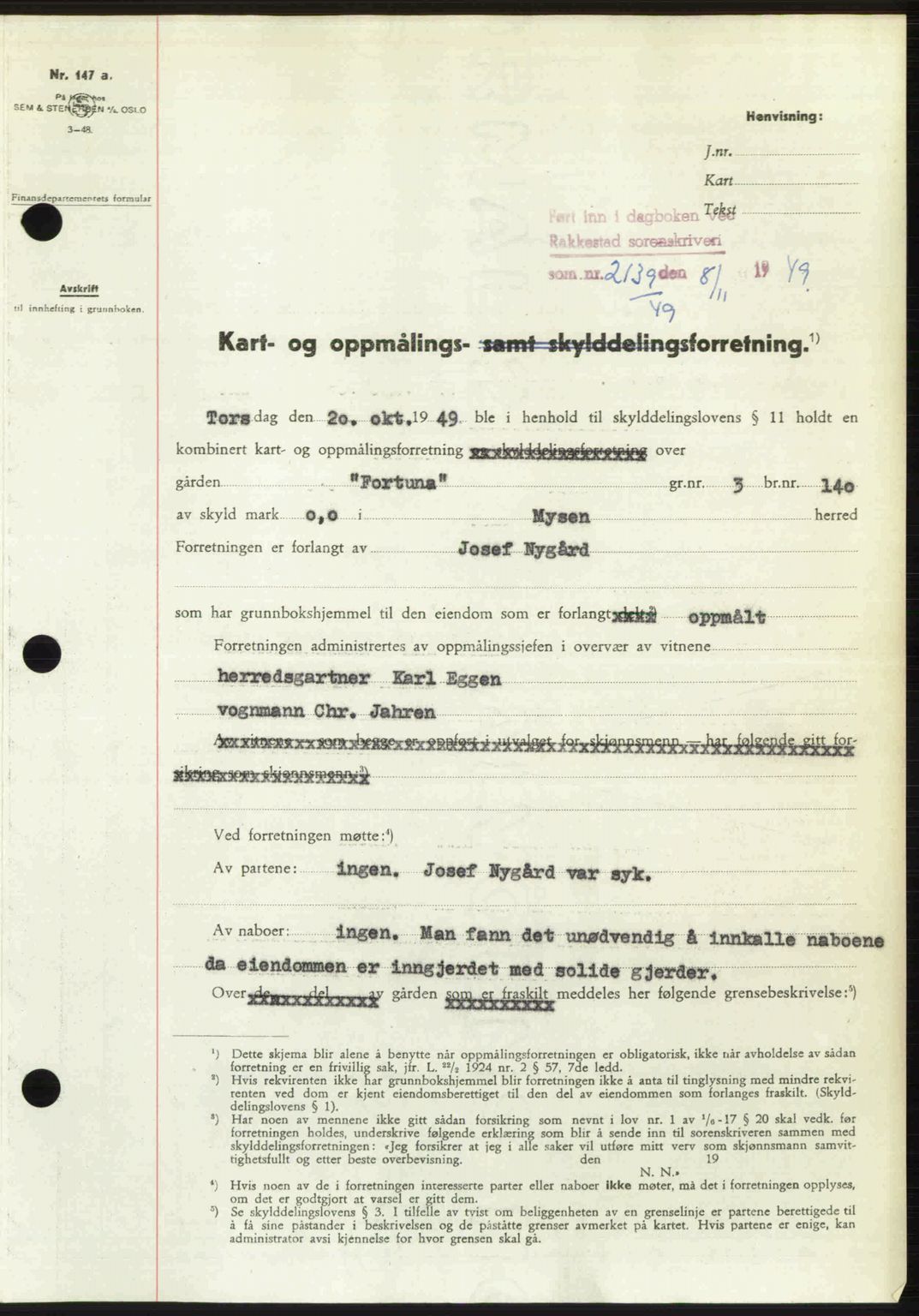 Rakkestad sorenskriveri, SAO/A-10686/G/Gb/Gba/Gbab/L0019: Pantebok nr. A19, 1949-1950, Dagboknr: 2139/1949