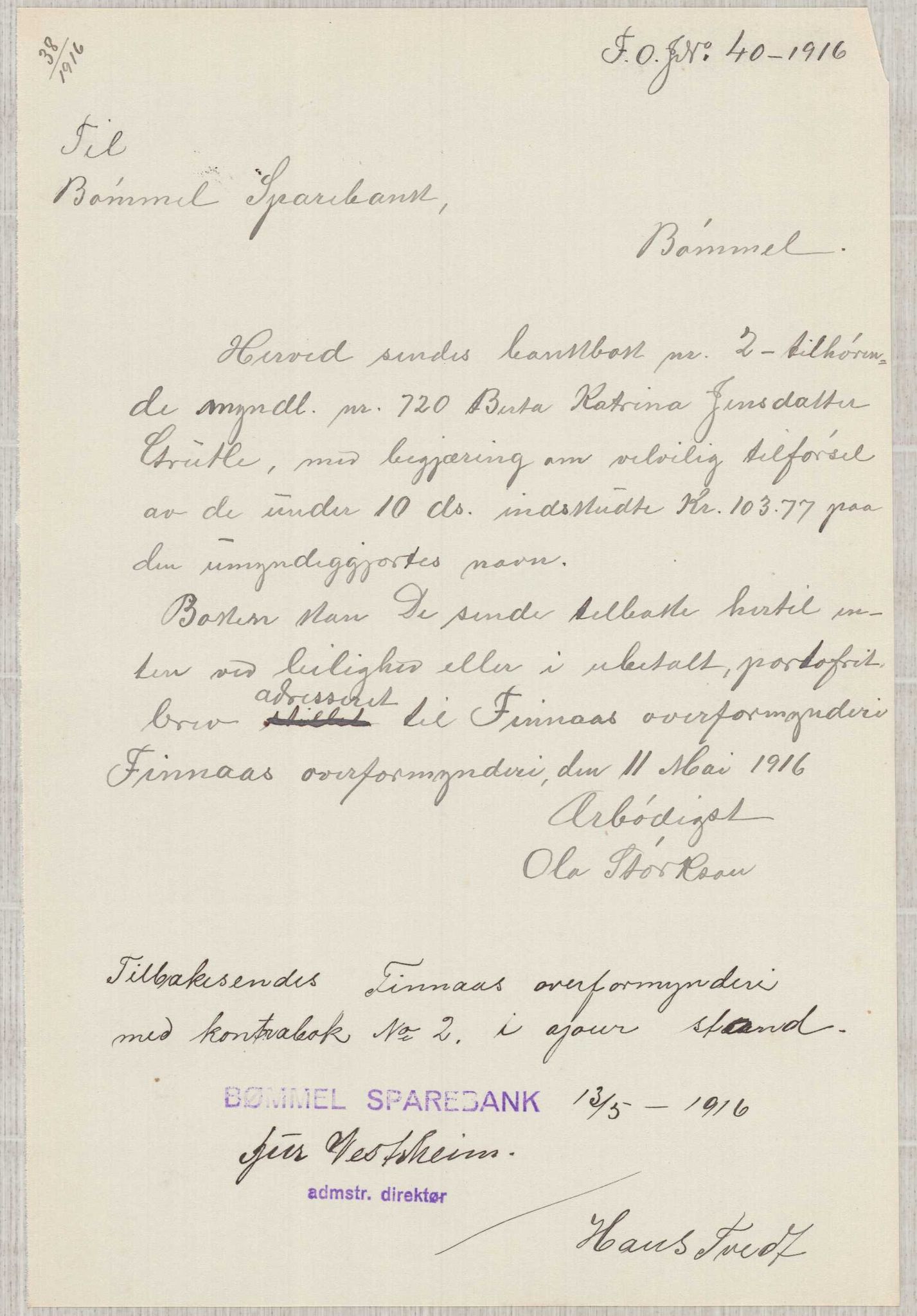 Finnaas kommune. Overformynderiet, IKAH/1218a-812/D/Da/Daa/L0003/0001: Kronologisk ordna korrespondanse / Kronologisk ordna korrespondanse, 1914-1916, s. 103