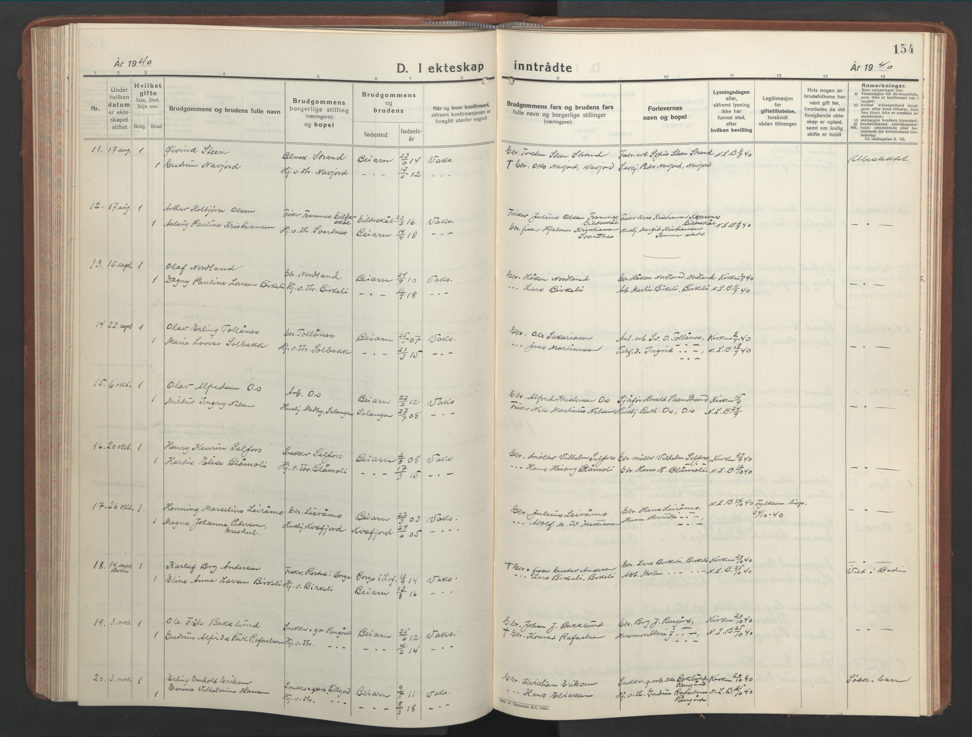 Ministerialprotokoller, klokkerbøker og fødselsregistre - Nordland, AV/SAT-A-1459/846/L0657: Klokkerbok nr. 846C07, 1936-1952, s. 154