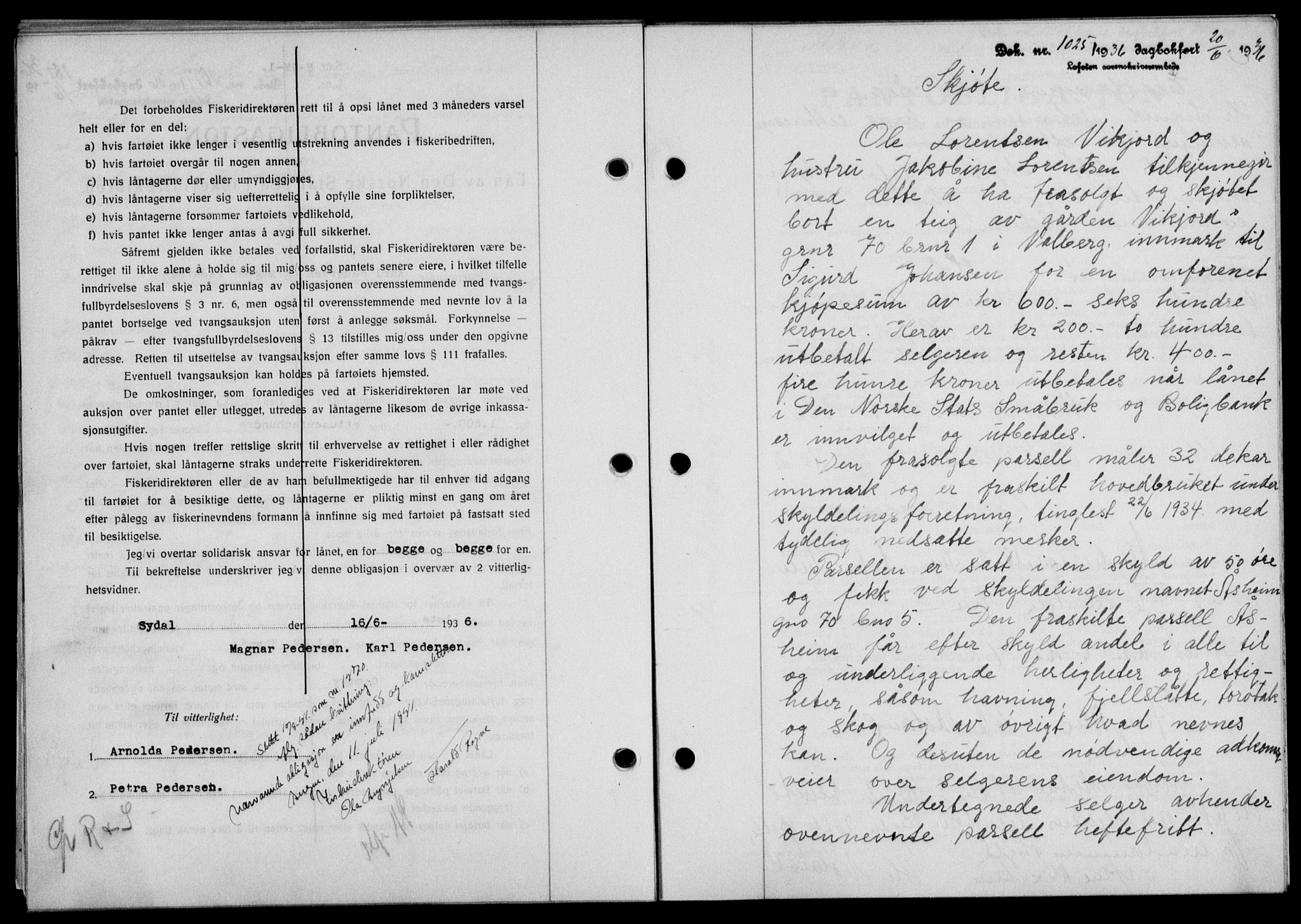 Lofoten sorenskriveri, SAT/A-0017/1/2/2C/L0033b: Pantebok nr. 33b, 1936-1936, Dagboknr: 1025/1936