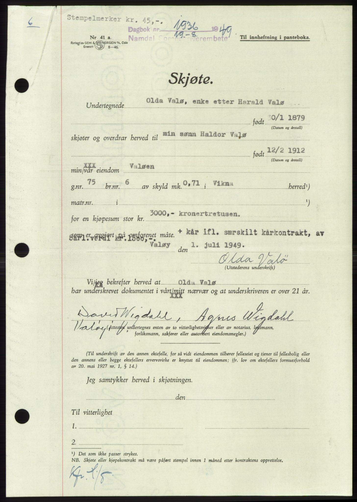 Namdal sorenskriveri, SAT/A-4133/1/2/2C: Pantebok nr. -, 1949-1949, Dagboknr: 1936/1949