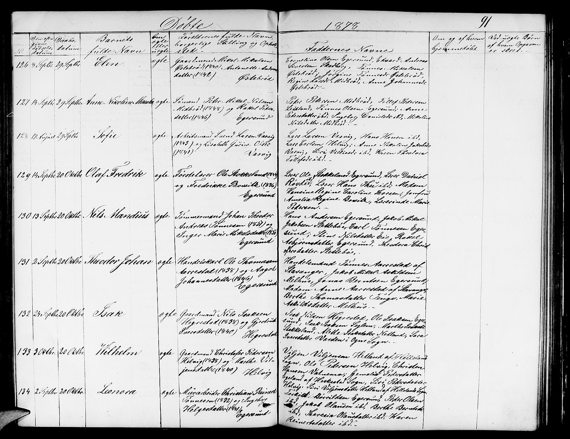 Eigersund sokneprestkontor, AV/SAST-A-101807/S09/L0005: Klokkerbok nr. B 5, 1872-1881, s. 91
