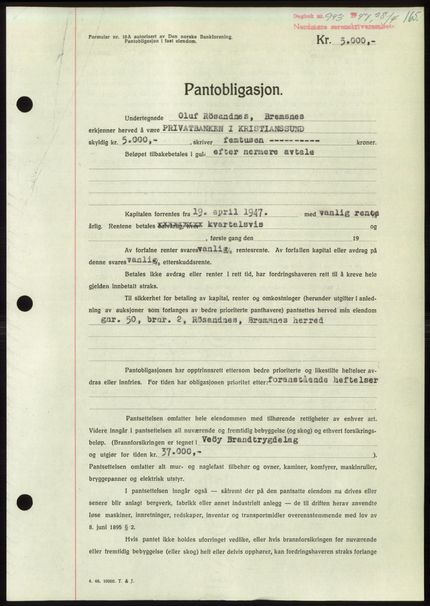 Nordmøre sorenskriveri, SAT/A-4132/1/2/2Ca: Pantebok nr. B96, 1947-1947, Dagboknr: 943/1947