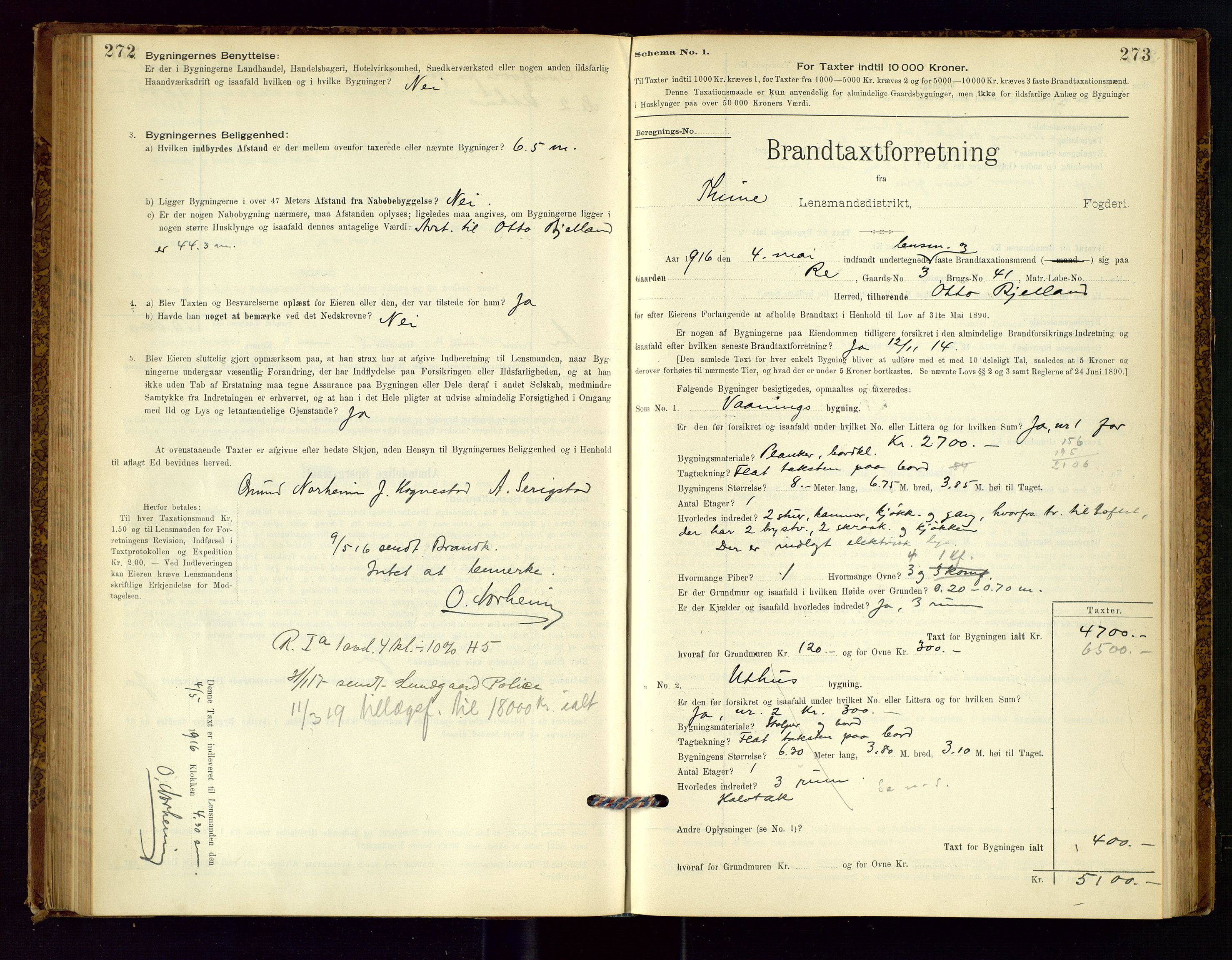 Time lensmannskontor, AV/SAST-A-100420/Gob/L0001: Branntakstprotokoll, 1896-1914, s. 272-273
