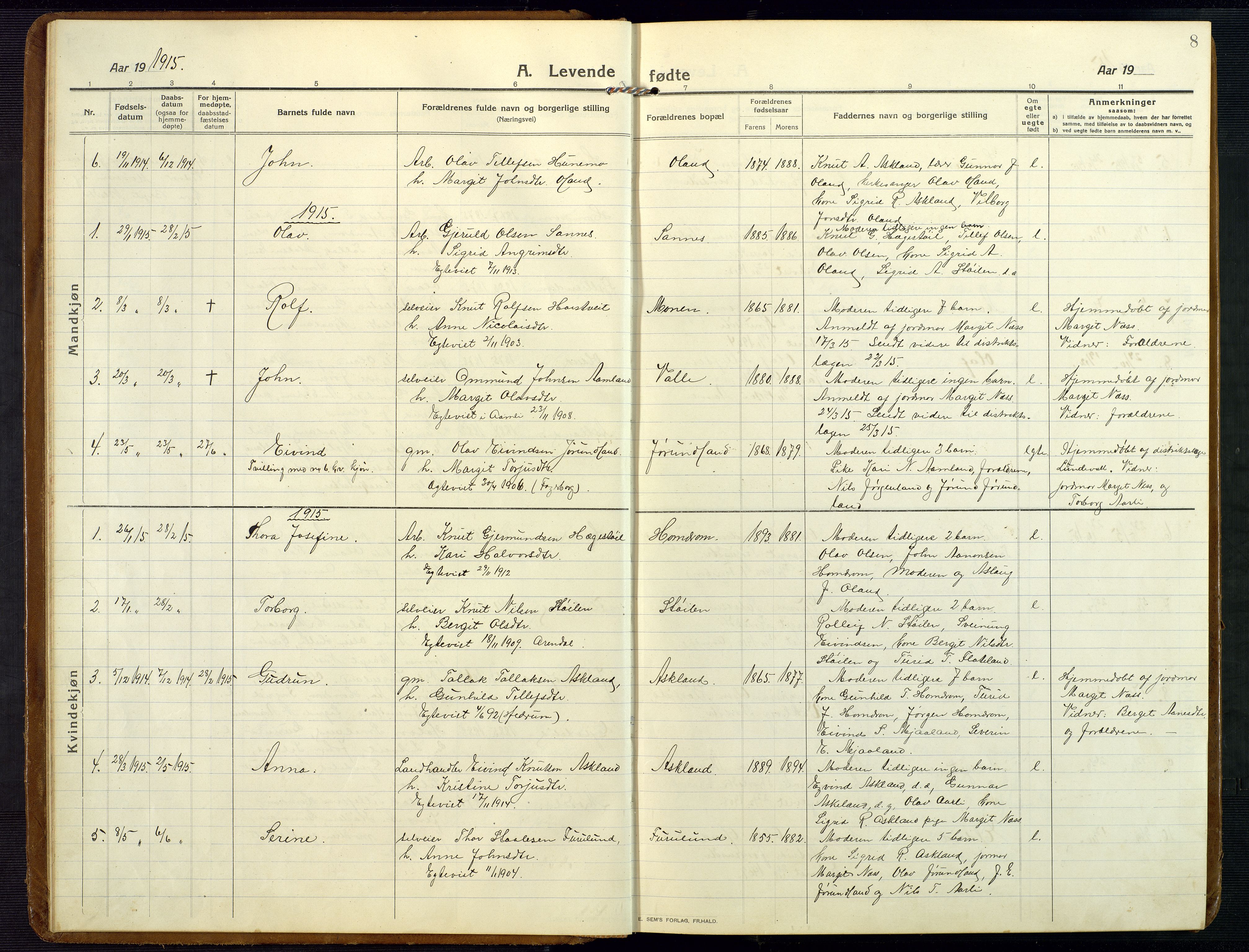 Åmli sokneprestkontor, AV/SAK-1111-0050/F/Fb/Fba/L0003: Klokkerbok nr. B 3, 1912-1974, s. 8