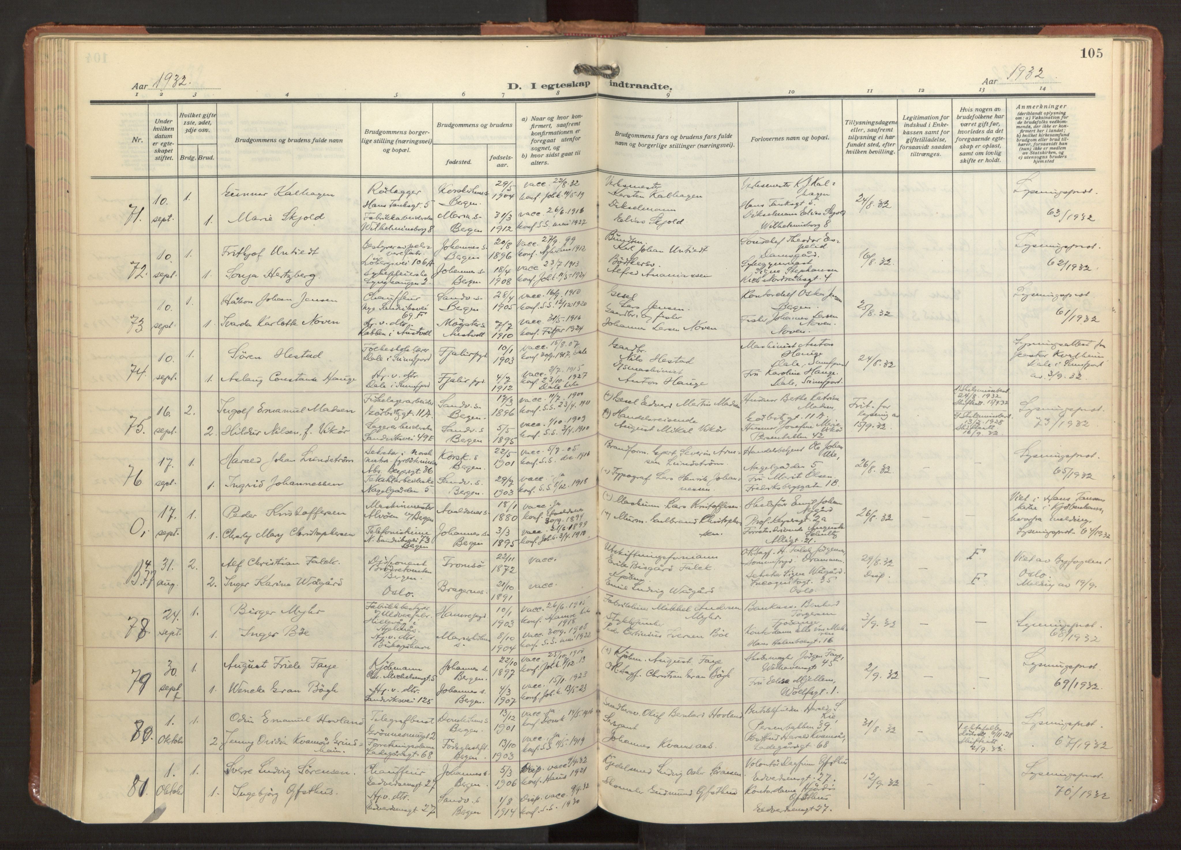 Sandviken Sokneprestembete, AV/SAB-A-77601/H/Ha/L0016: Ministerialbok nr. D 3, 1923-1940, s. 105