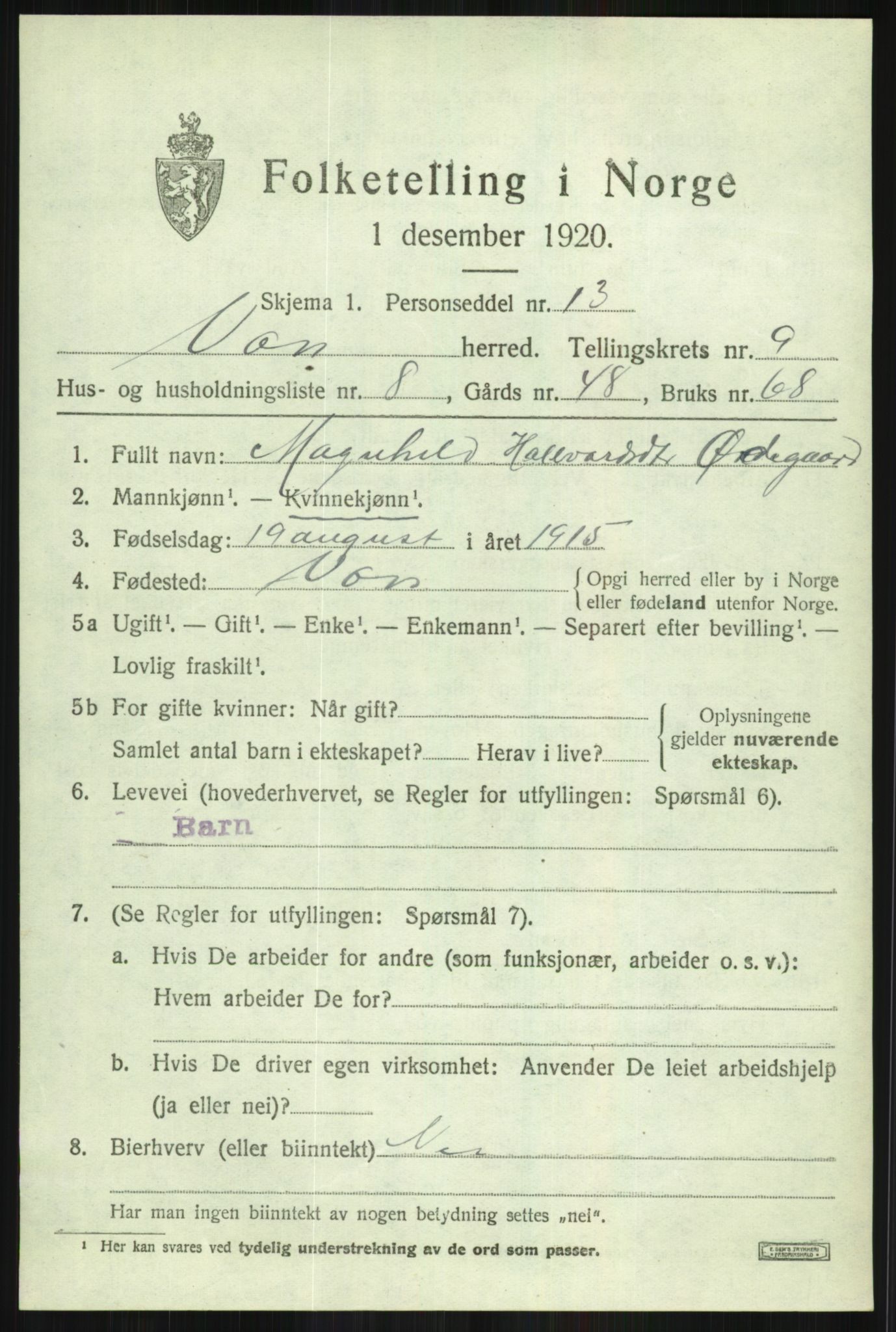 SAB, Folketelling 1920 for 1235 Voss herred, 1920, s. 8743