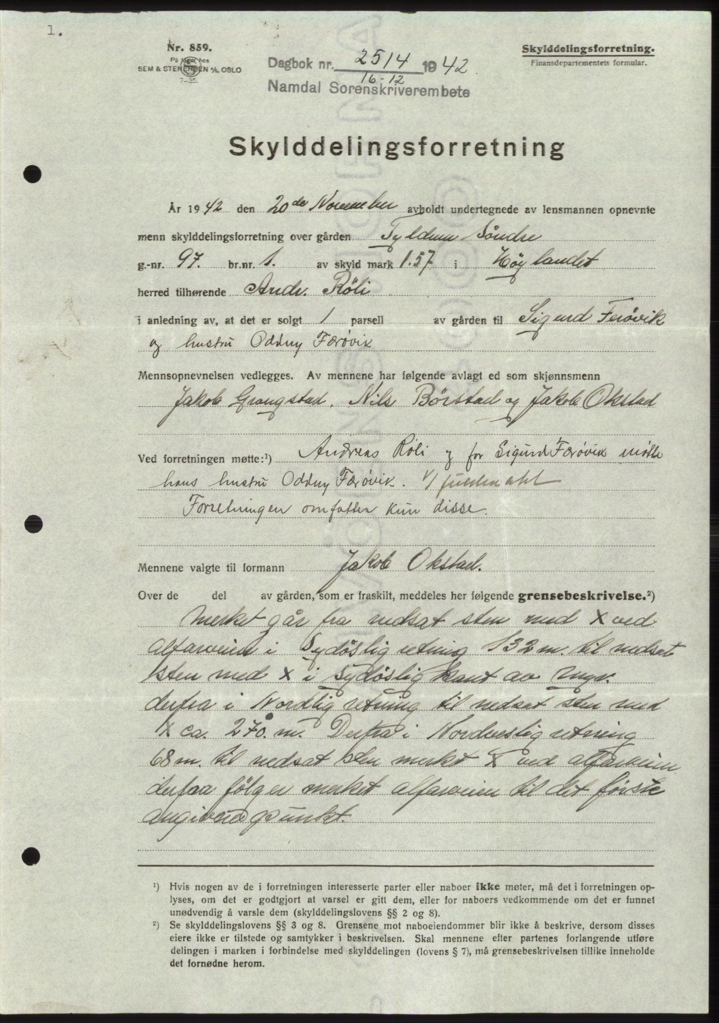 Namdal sorenskriveri, SAT/A-4133/1/2/2C: Pantebok nr. -, 1942-1943, Dagboknr: 2514/1942