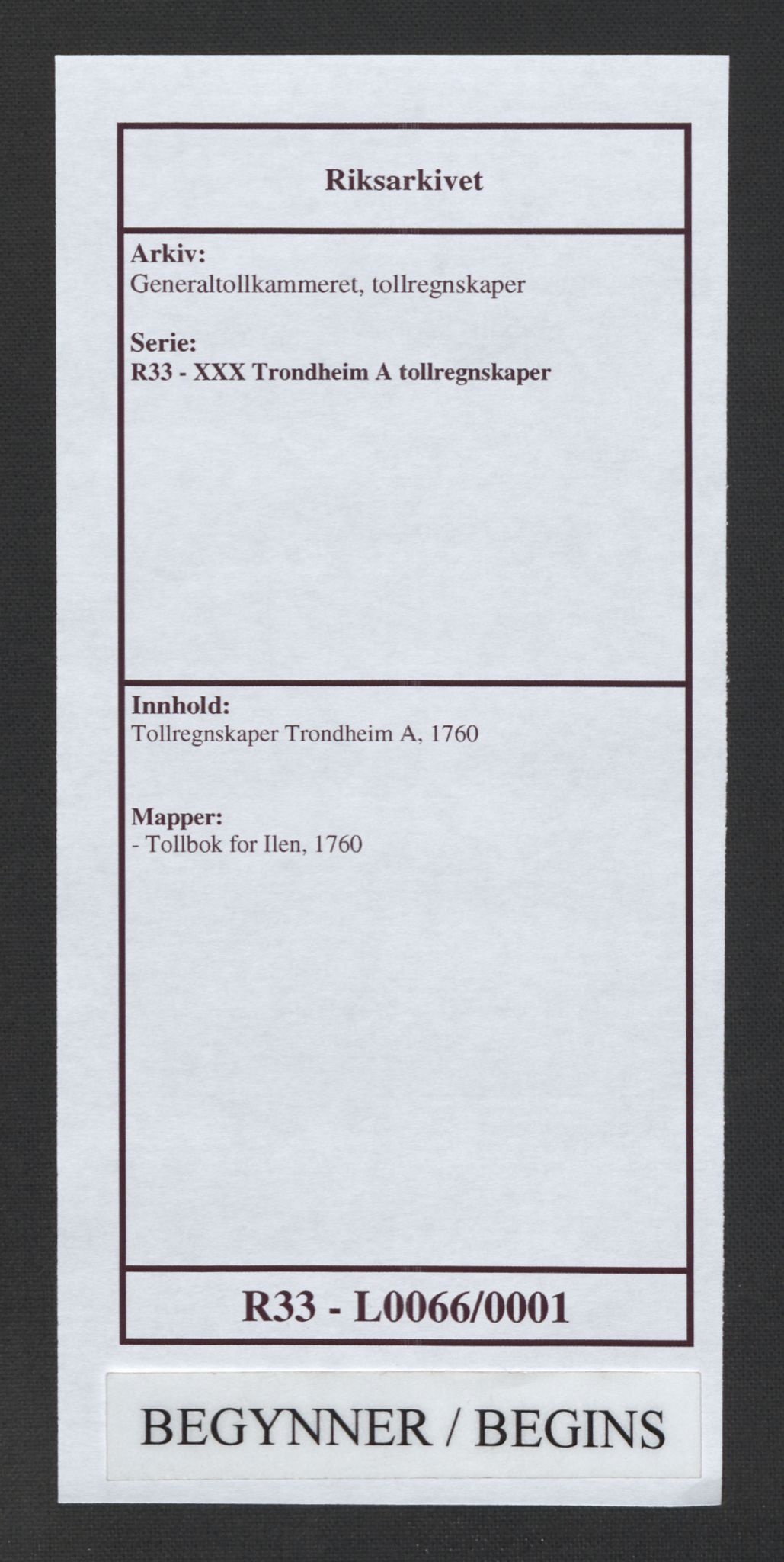 Generaltollkammeret, tollregnskaper, RA/EA-5490/R33/L0066/0001: Tollregnskaper Trondheim A / Tollbok for Ilen, 1760