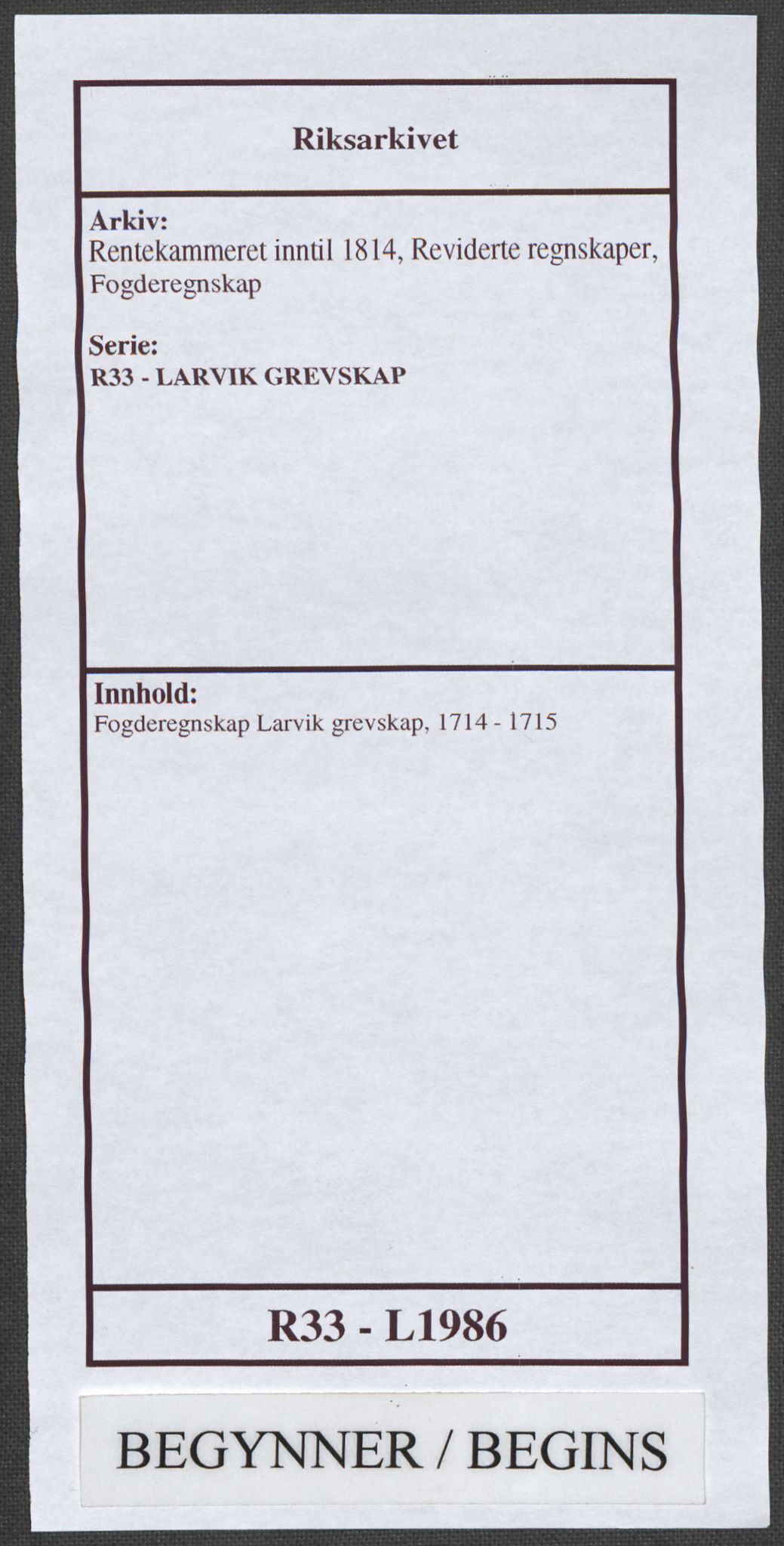 Rentekammeret inntil 1814, Reviderte regnskaper, Fogderegnskap, RA/EA-4092/R33/L1986: Fogderegnskap Larvik grevskap, 1714-1715, s. 1