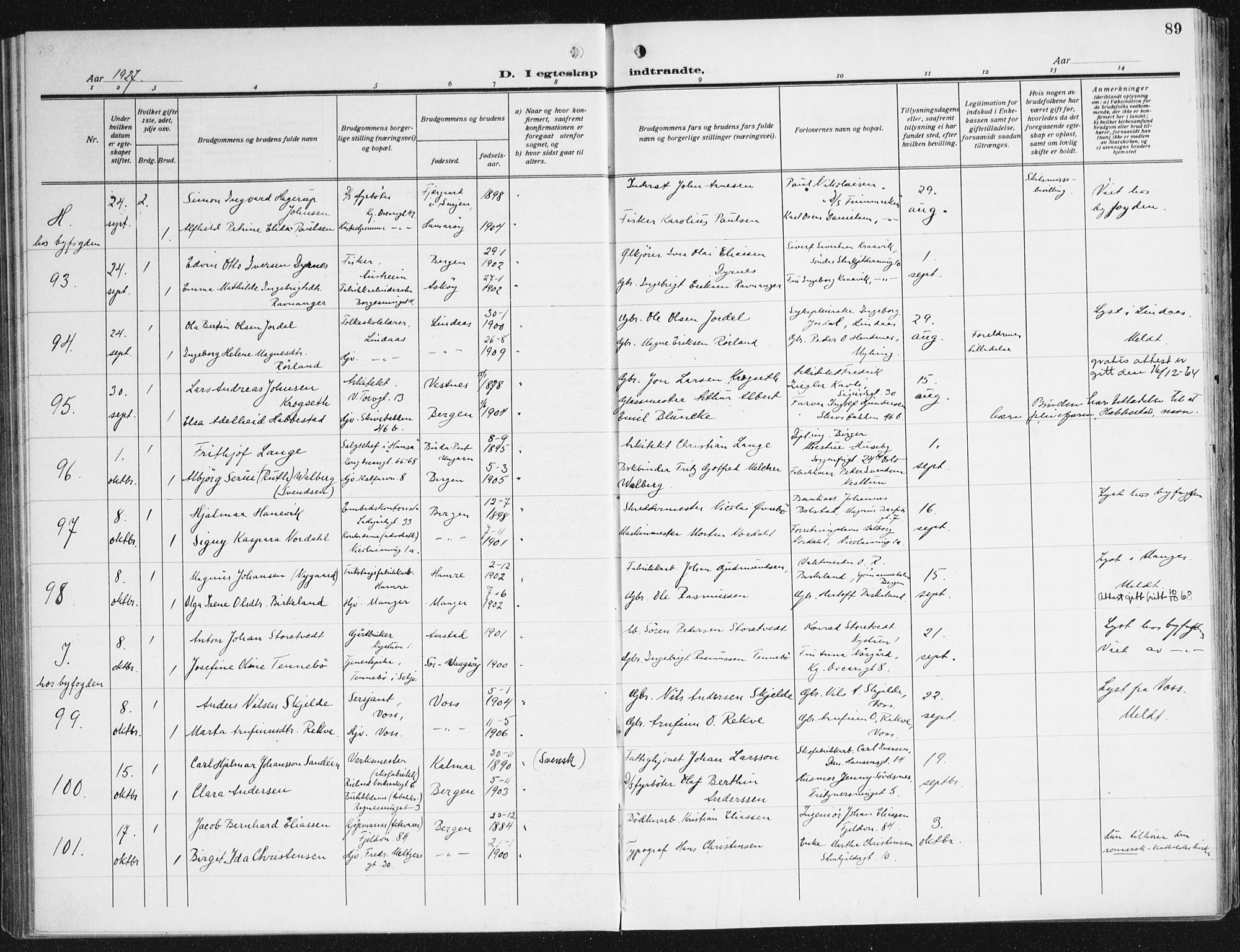 Domkirken sokneprestembete, AV/SAB-A-74801/H/Haa/L0039: Ministerialbok nr. D 6, 1921-1937, s. 89
