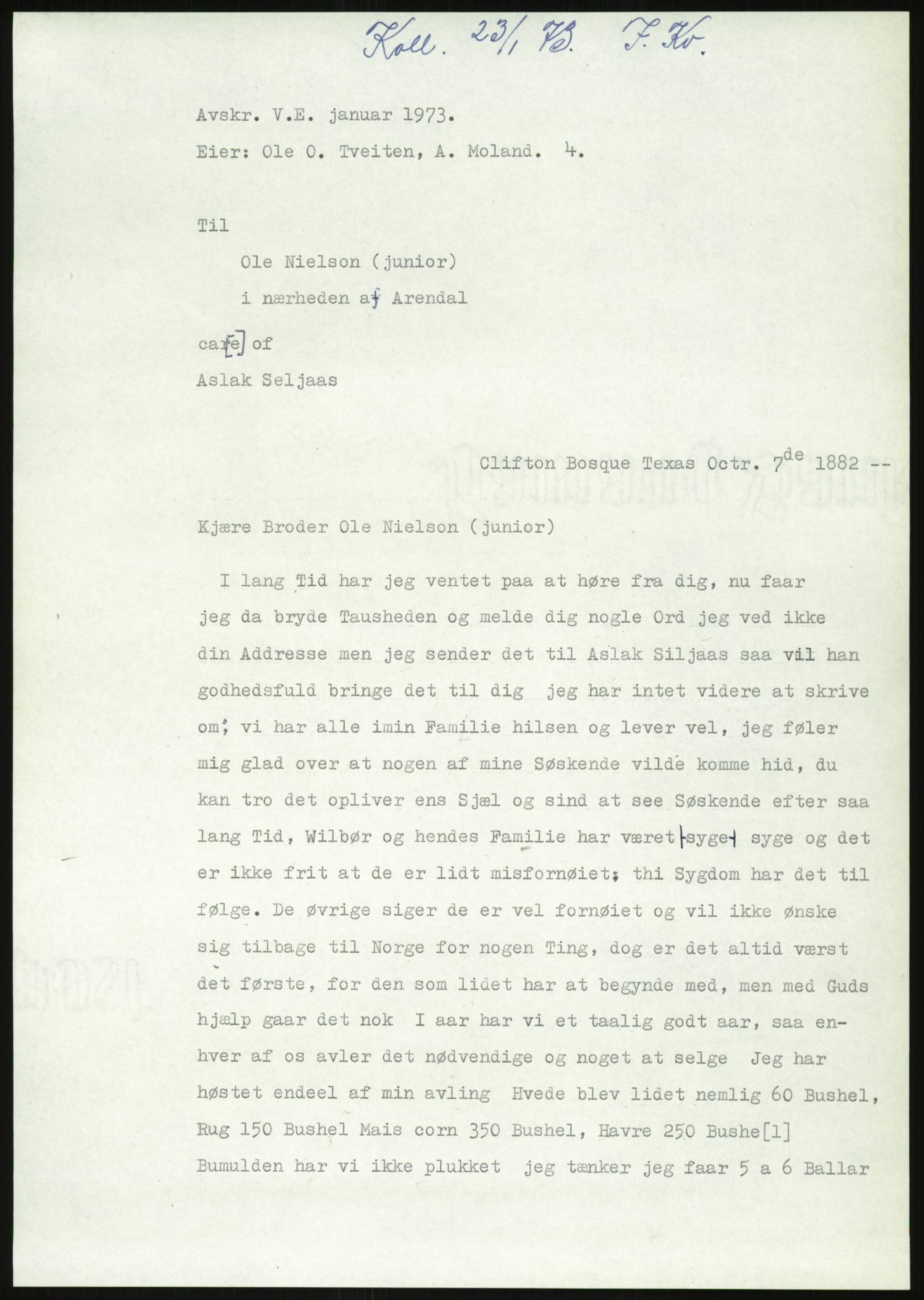 Samlinger til kildeutgivelse, Amerikabrevene, AV/RA-EA-4057/F/L0027: Innlån fra Aust-Agder: Dannevig - Valsgård, 1838-1914, s. 703