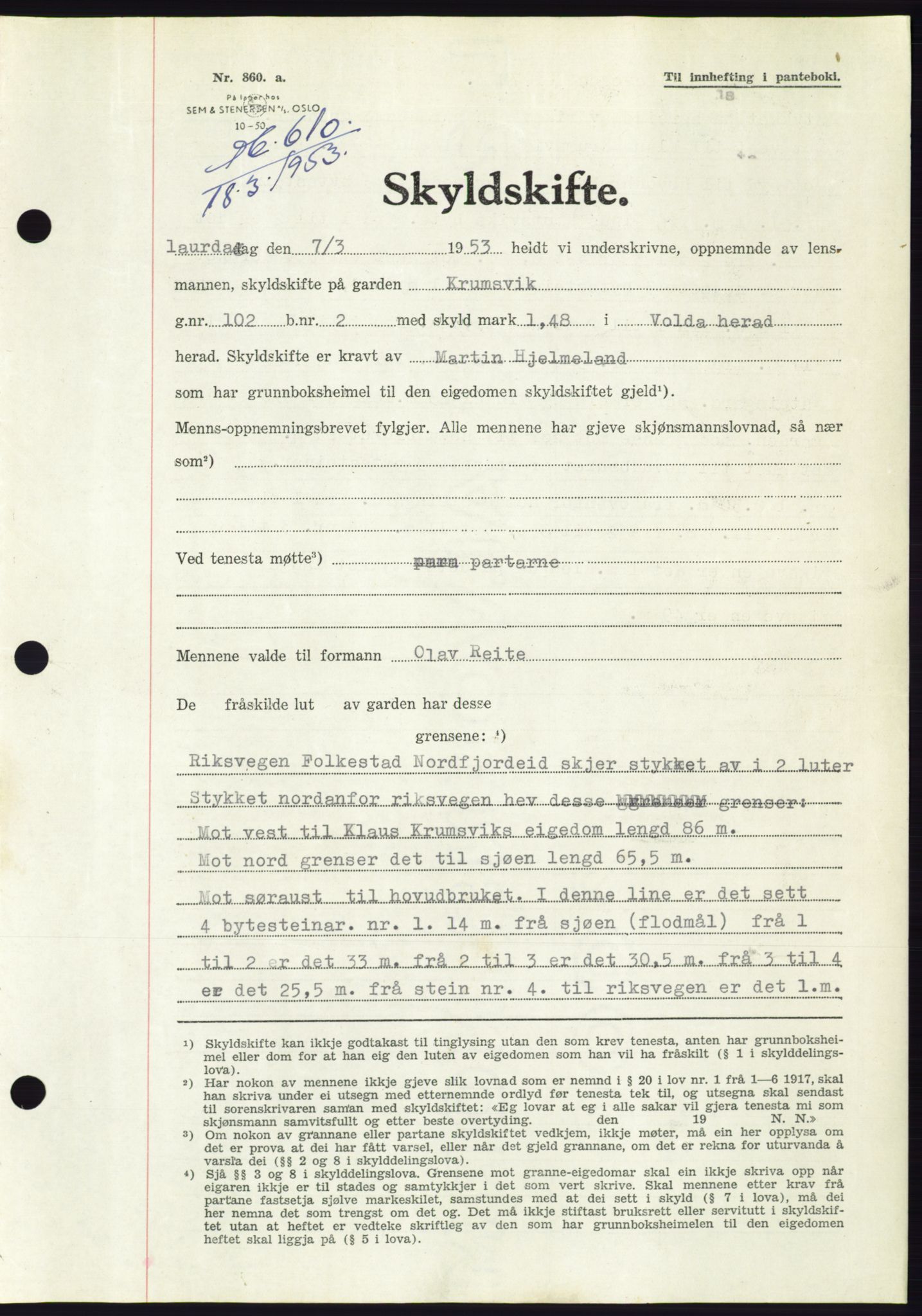 Søre Sunnmøre sorenskriveri, SAT/A-4122/1/2/2C/L0094: Pantebok nr. 20A, 1953-1953, Dagboknr: 610/1953