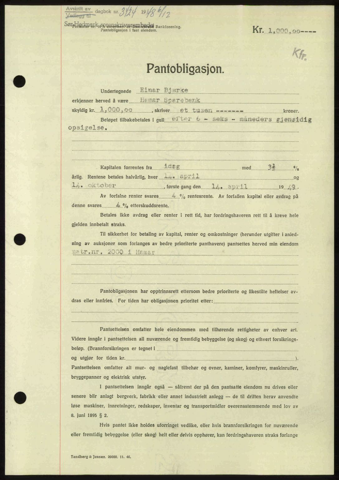 Sør-Hedmark sorenskriveri, SAH/TING-014/H/Hb/Hbd/L0018: Pantebok nr. 18, 1948-1949, Dagboknr: 3424/1948