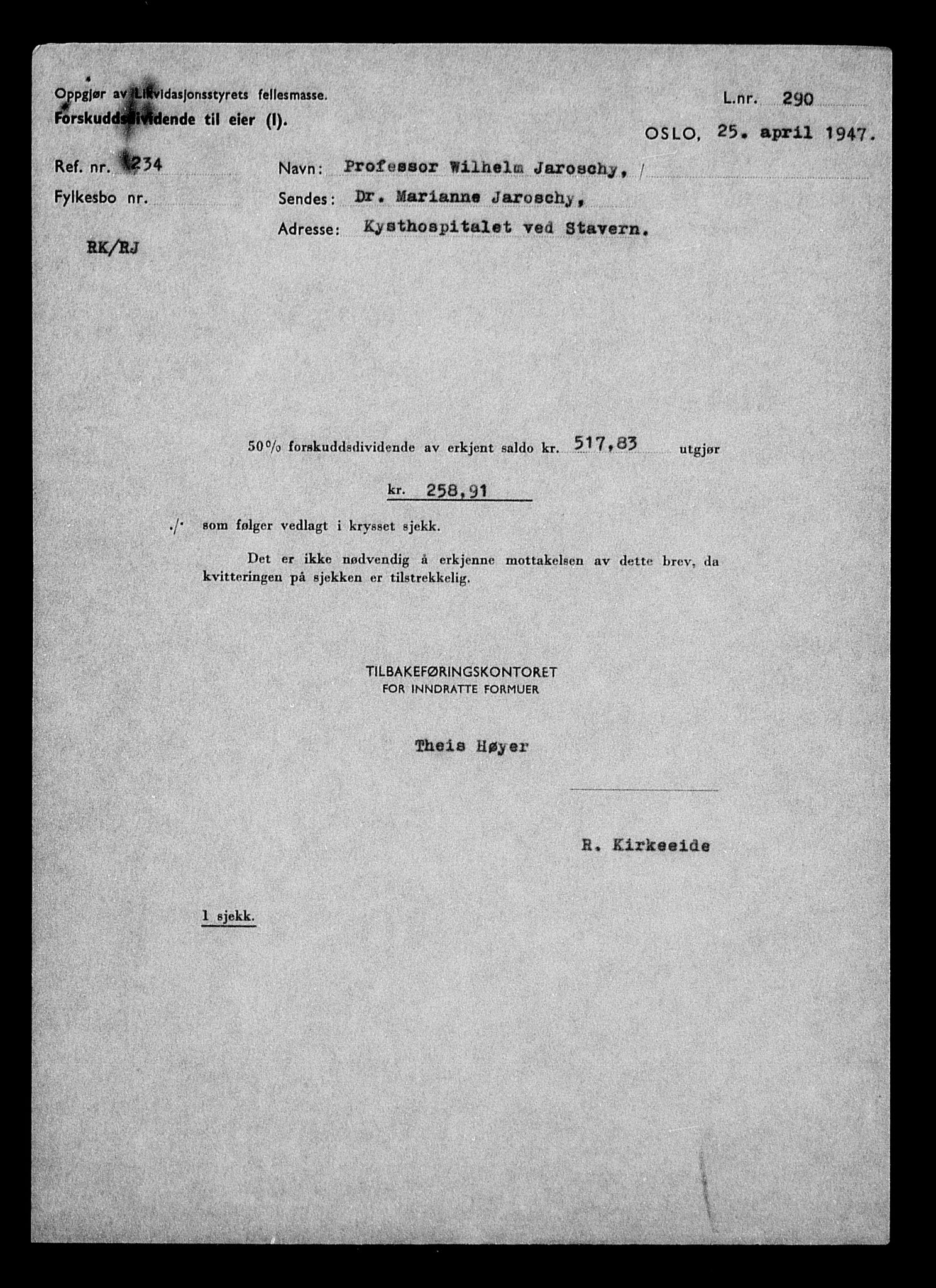 Justisdepartementet, Tilbakeføringskontoret for inndratte formuer, AV/RA-S-1564/H/Hc/Hcc/L0947: --, 1945-1947, s. 263