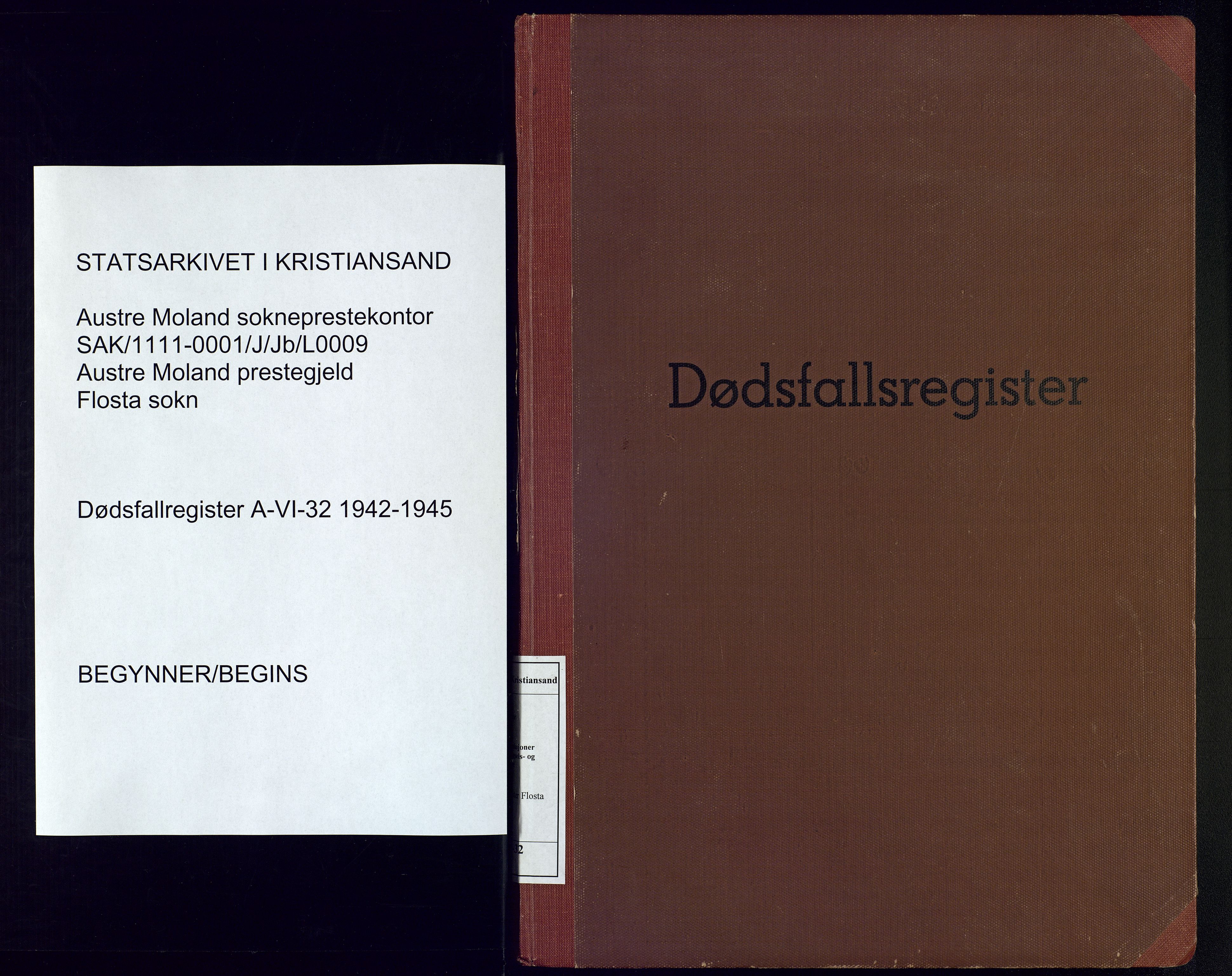 Austre Moland sokneprestkontor, SAK/1111-0001/J/Jb/L0009: A-VI-32 - Dødsfallsregister Flosta, 1942-1945