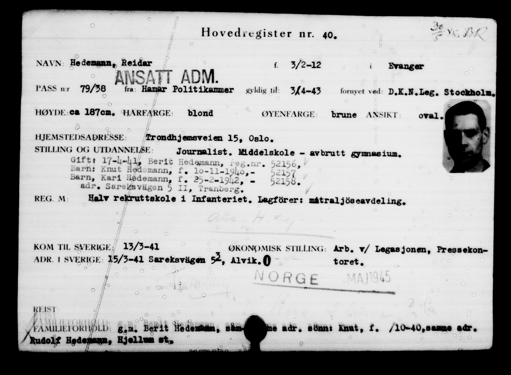 Utenriksstasjonene, Legasjonen i Stockholm, Flyktningkontoret, AV/RA-S-6753/V/Va/L0001: Kjesäterkartoteket, flyktninger med registreringsnr. 1-1000, 1940-1945, s. 67