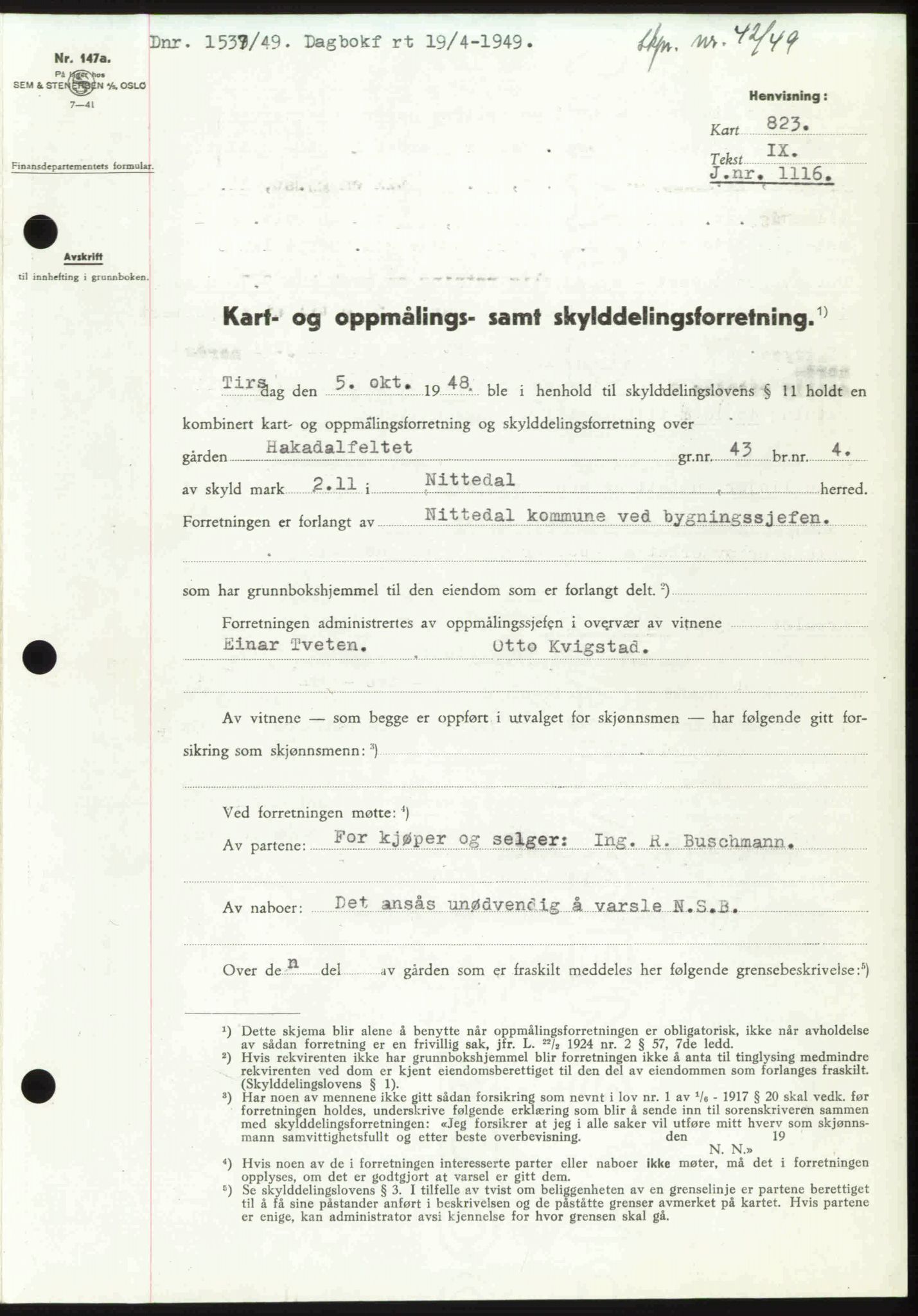 Nedre Romerike sorenskriveri, SAO/A-10469/G/Gb/Gbd/L0025: Pantebok nr. 25, 1949-1949, Dagboknr: 1537/1949