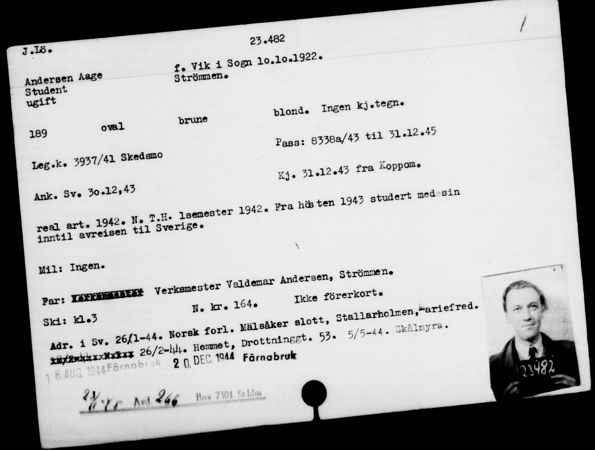 Utenriksstasjonene, Legasjonen i Stockholm, Flyktningkontoret, AV/RA-S-6753/V/Va/L0010: Kjesäterkartoteket, flyktninger med registreringsnr. 22000-25314, 1940-1945, s. 1578