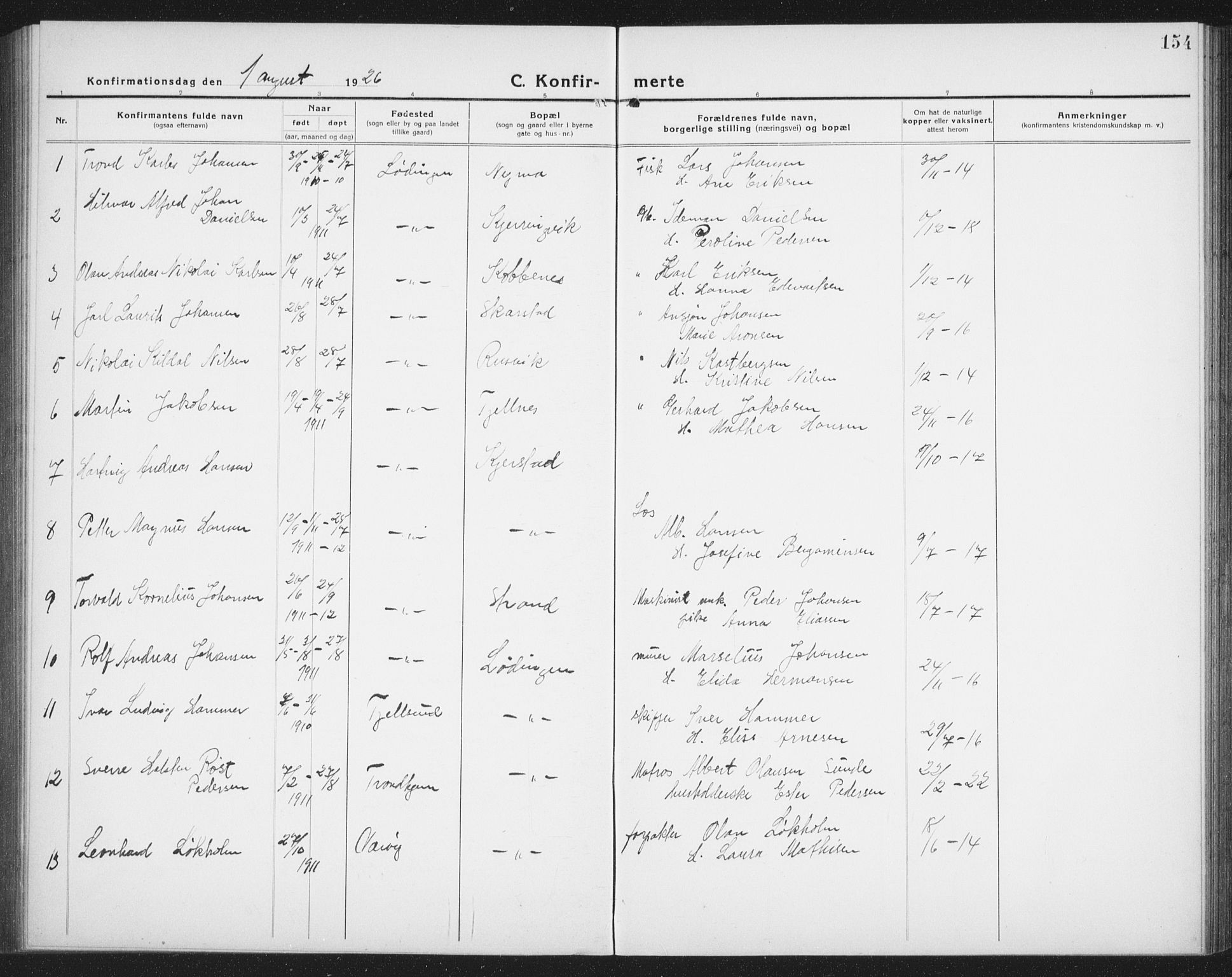 Ministerialprotokoller, klokkerbøker og fødselsregistre - Nordland, SAT/A-1459/872/L1049: Klokkerbok nr. 872C05, 1920-1938, s. 154