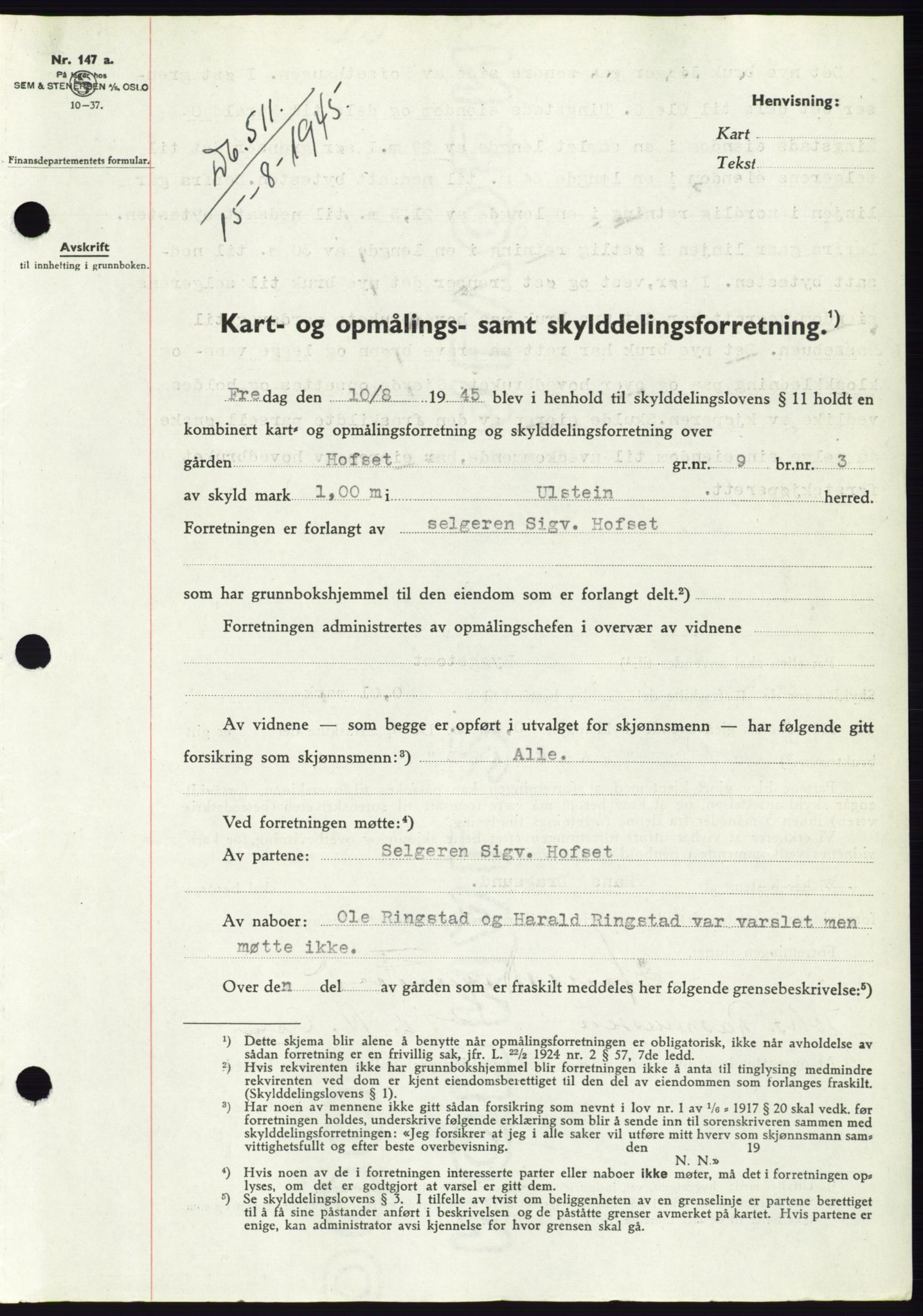 Søre Sunnmøre sorenskriveri, SAT/A-4122/1/2/2C/L0077: Pantebok nr. 3A, 1945-1946, Dagboknr: 511/1945