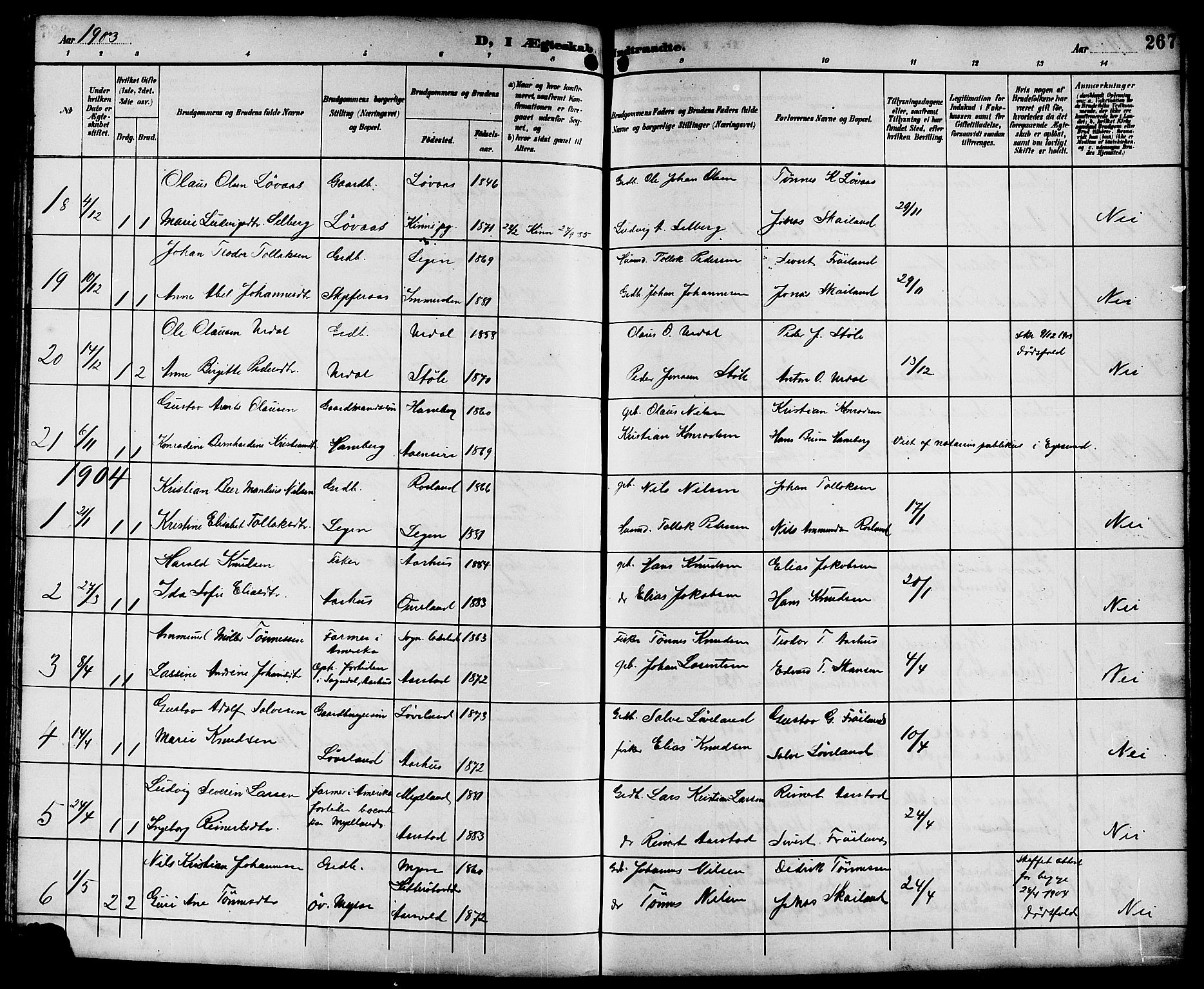 Sokndal sokneprestkontor, AV/SAST-A-101808: Klokkerbok nr. B 6, 1892-1907, s. 267