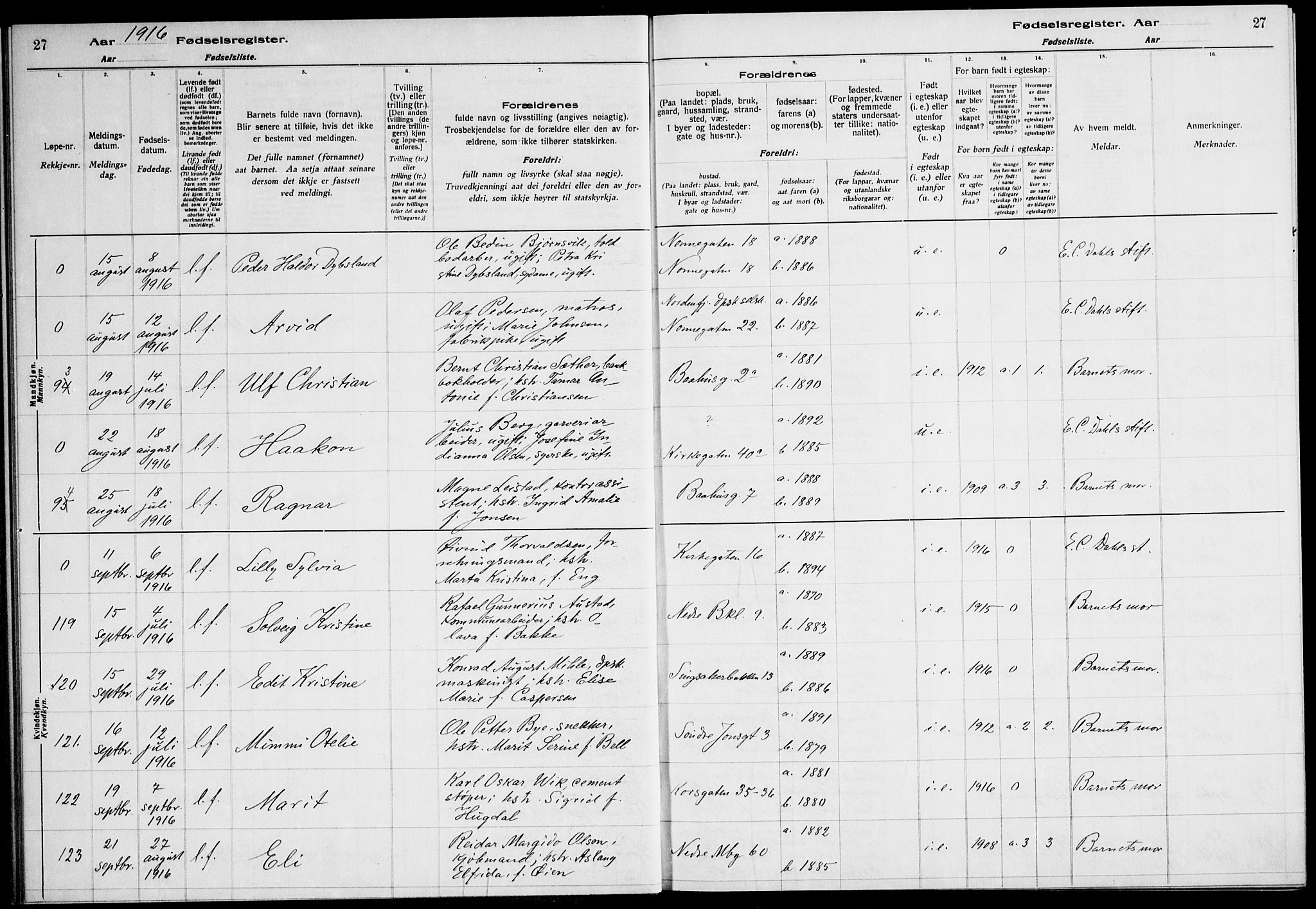 Ministerialprotokoller, klokkerbøker og fødselsregistre - Sør-Trøndelag, SAT/A-1456/604/L0232: Fødselsregister nr. 604.II.4.1, 1916-1920, s. 27