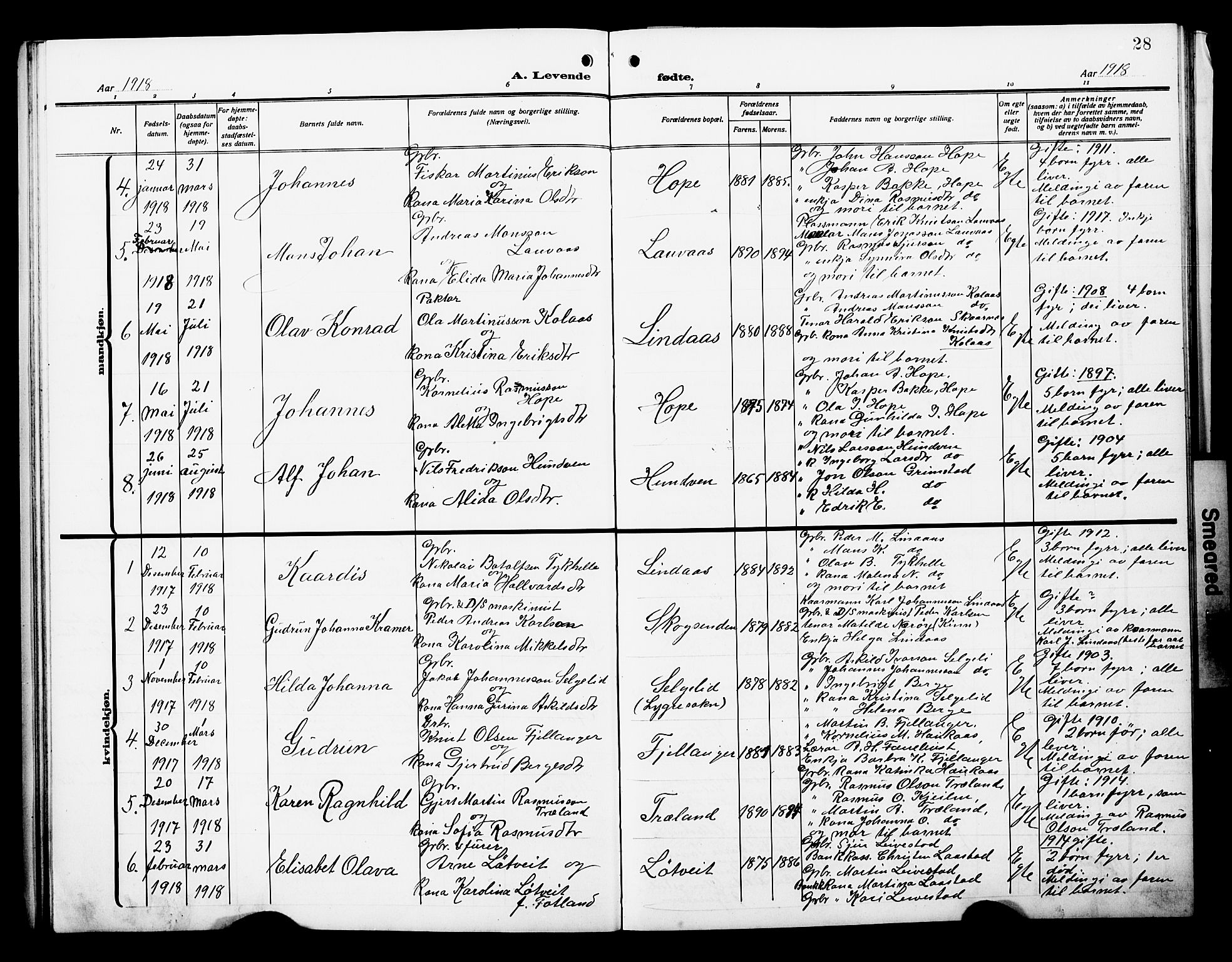 Lindås Sokneprestembete, AV/SAB-A-76701/H/Hab/Habb/L0004: Klokkerbok nr. B 4, 1912-1929, s. 28