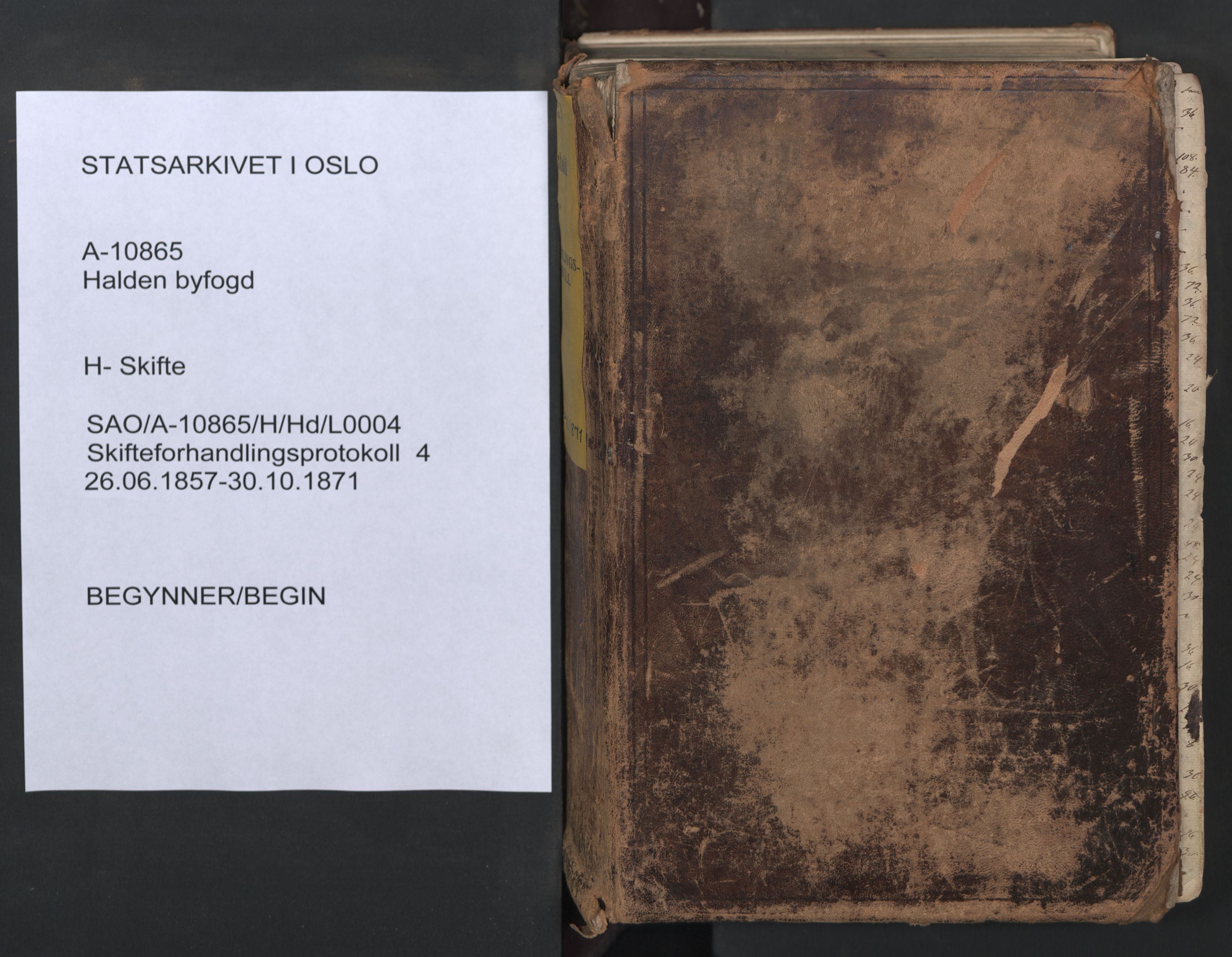 Halden byfogd, SAO/A-10865/H/Hd/L0004: Skifteforhandlingsprotokoll, 1857-1871