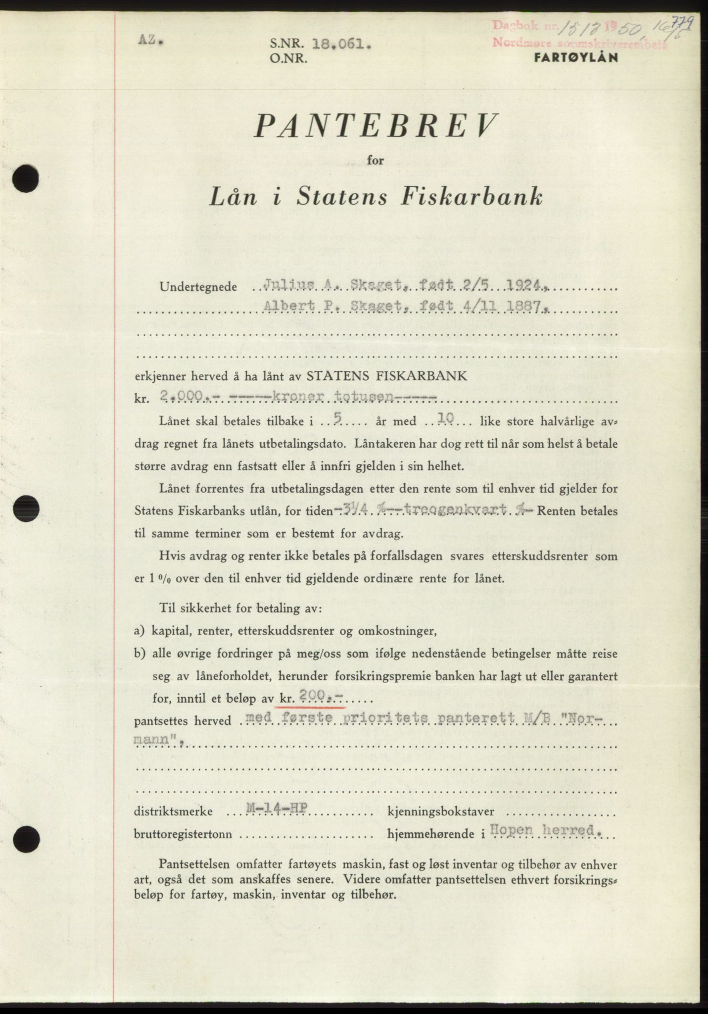 Nordmøre sorenskriveri, SAT/A-4132/1/2/2Ca: Pantebok nr. B104, 1950-1950, Dagboknr: 1517/1950