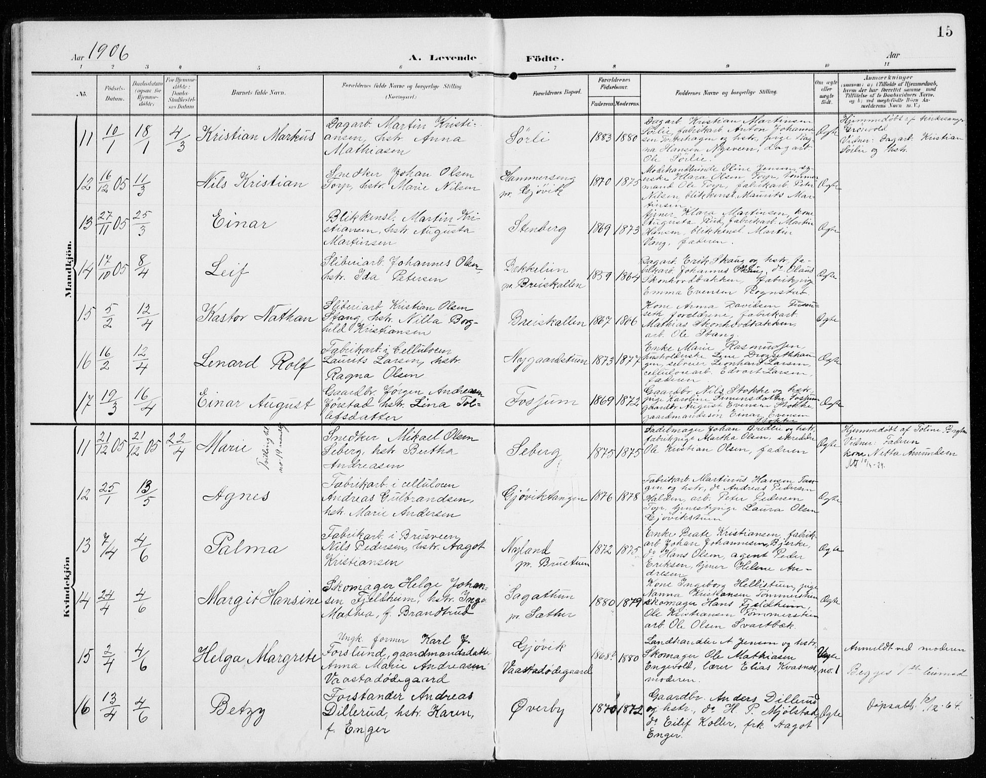 Vardal prestekontor, AV/SAH-PREST-100/H/Ha/Haa/L0016: Ministerialbok nr. 16, 1904-1916, s. 15