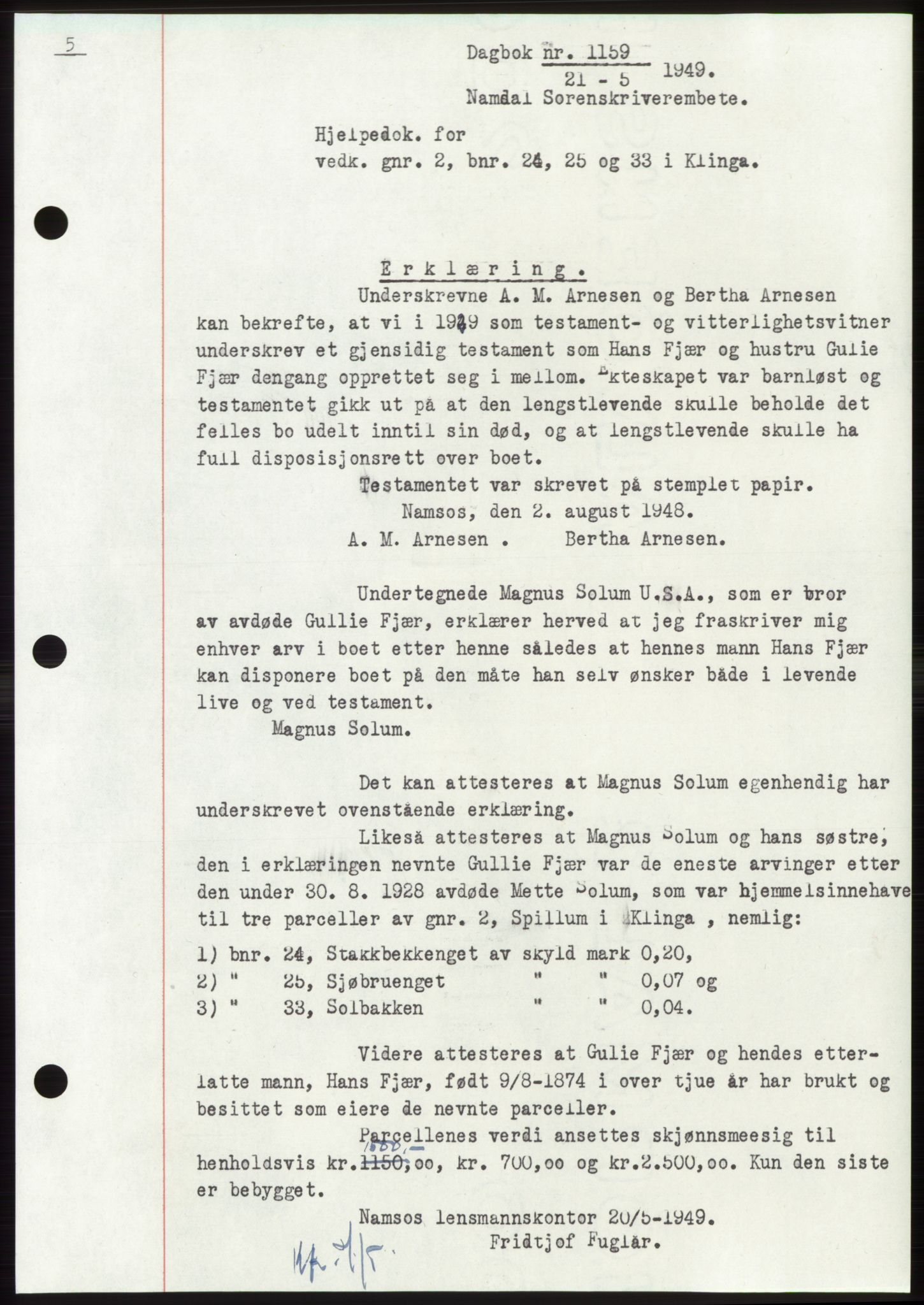 Namdal sorenskriveri, SAT/A-4133/1/2/2C: Pantebok nr. -, 1949-1949, Dagboknr: 1159/1949