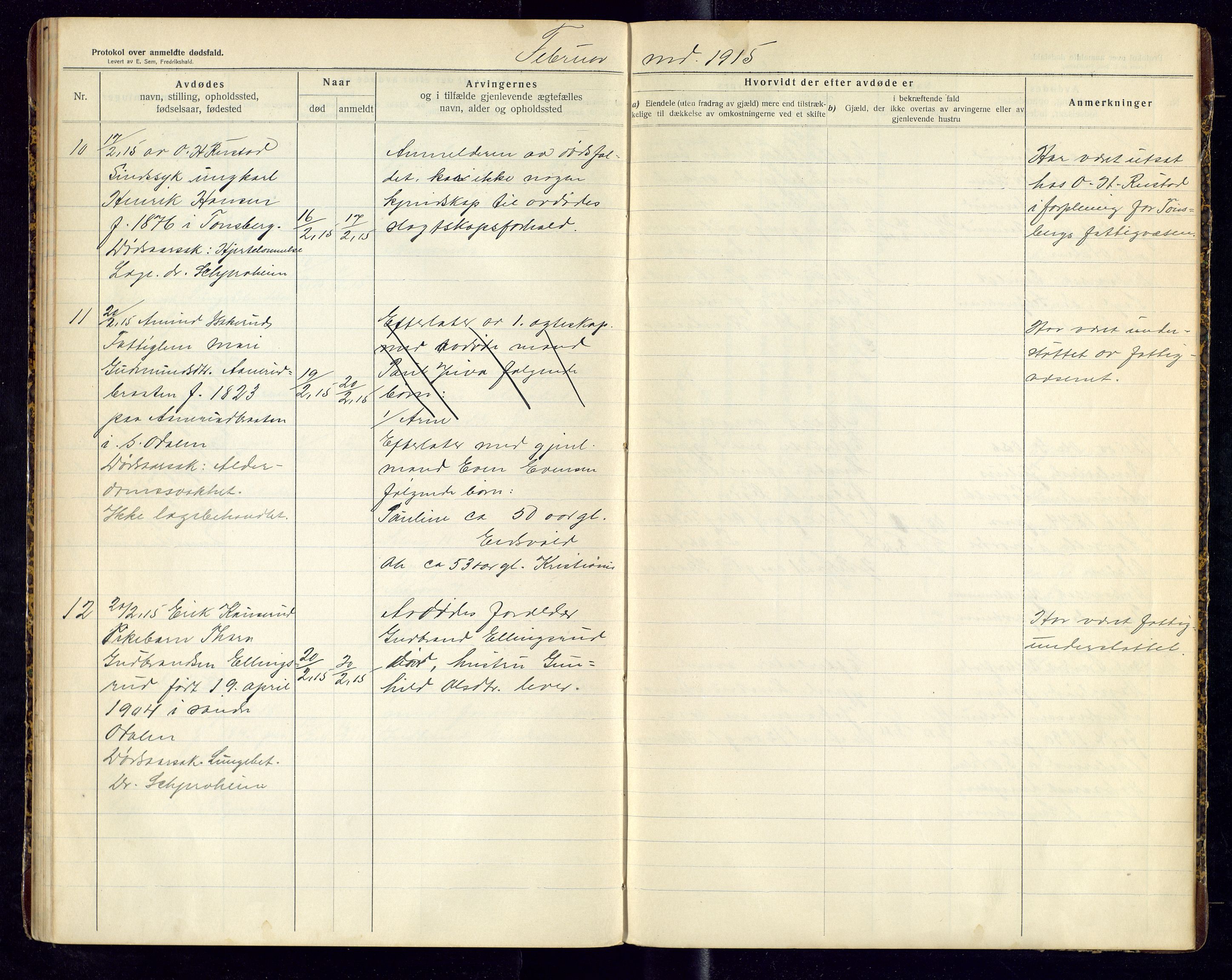 Sør-Odal lensmannskontor, AV/SAH-LHS-022/H/Hb/L0002/0001: Protokoller over anmeldte dødsfall / Protokoll over anmeldte dødsfall, 1913-1915