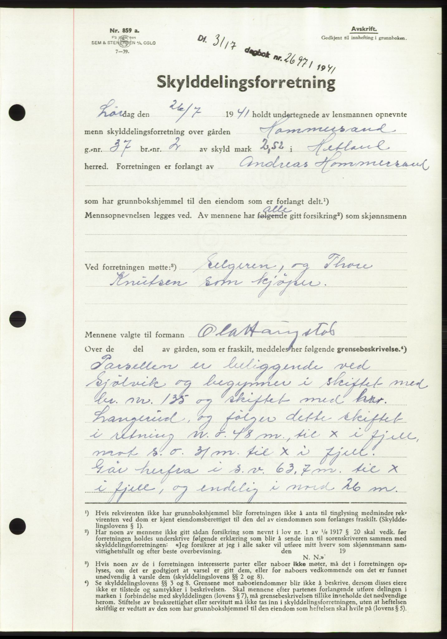 Jæren sorenskriveri, SAST/A-100310/03/G/Gba/L0080: Pantebok, 1941-1941, Dagboknr: 2697/1941