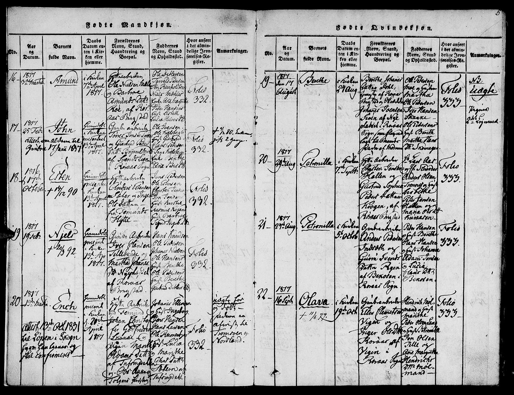 Ministerialprotokoller, klokkerbøker og fødselsregistre - Sør-Trøndelag, SAT/A-1456/681/L0929: Ministerialbok nr. 681A07, 1817-1828, s. 5