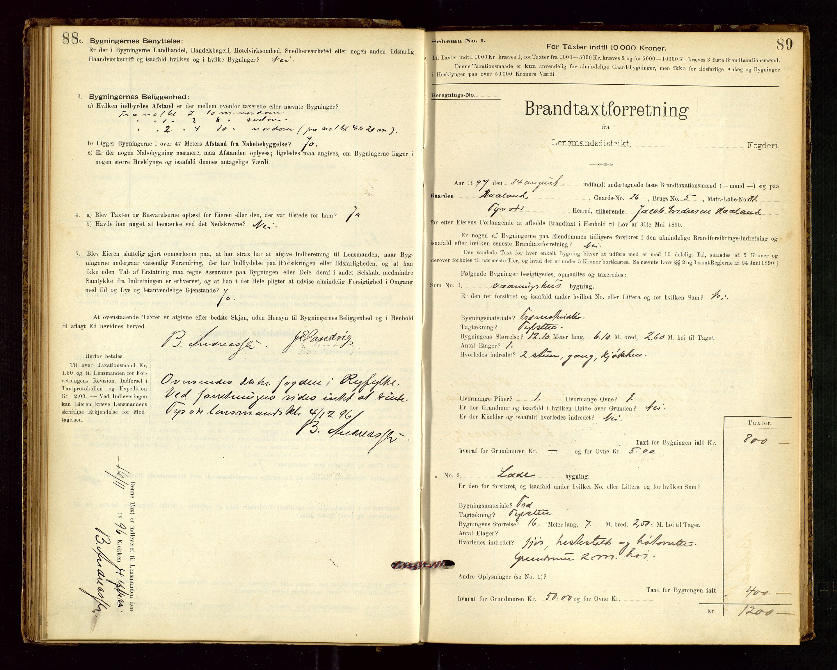 Tysvær lensmannskontor, AV/SAST-A-100192/Gob/L0001: "Brandtaxationsprotokol for Tysvær Lensmandsdistrikt Ryfylke Fogderi", 1894-1916, s. 88-89