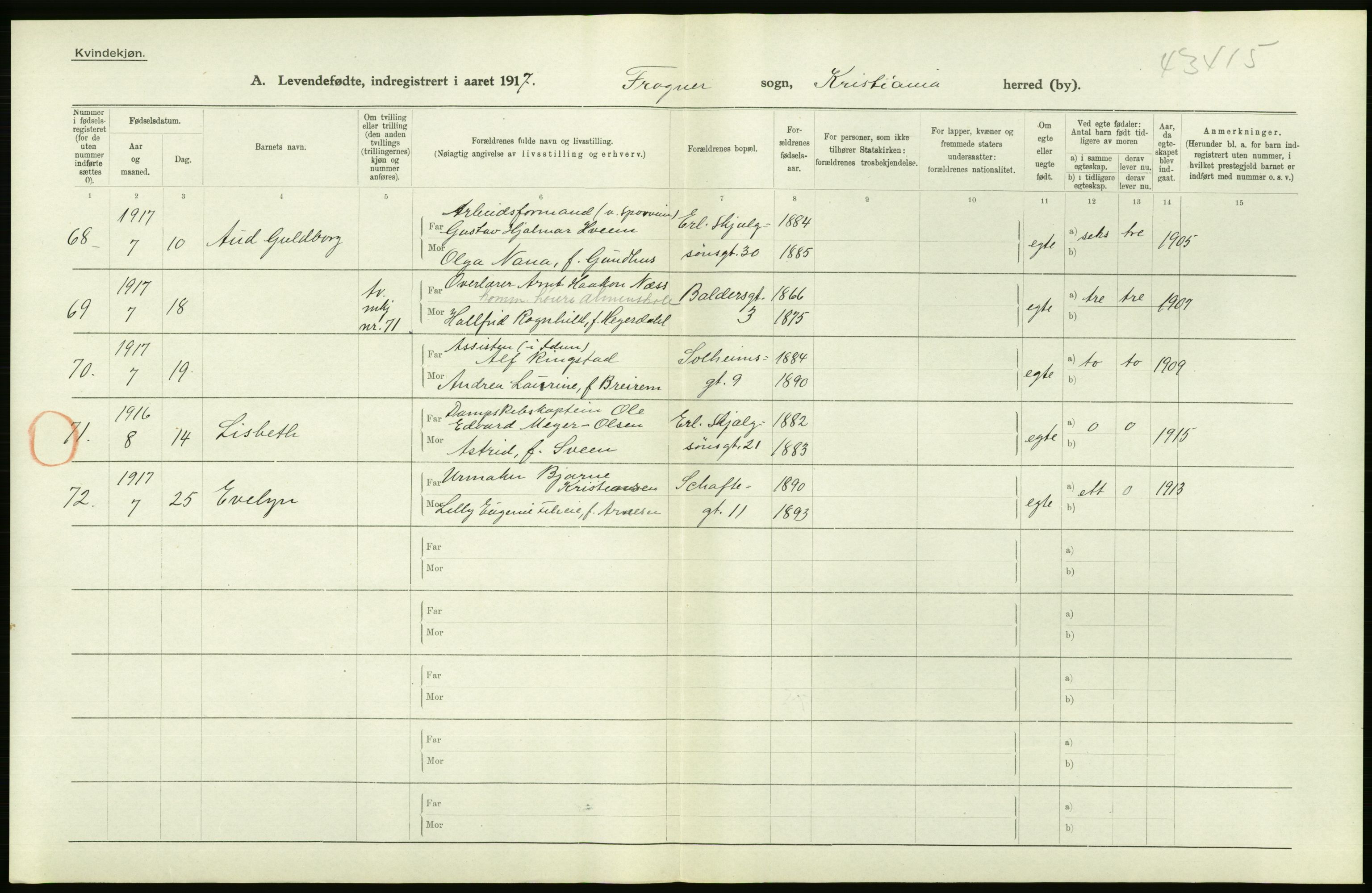 Statistisk sentralbyrå, Sosiodemografiske emner, Befolkning, AV/RA-S-2228/D/Df/Dfb/Dfbg/L0007: Kristiania: Levendefødte menn og kvinner., 1917, s. 270