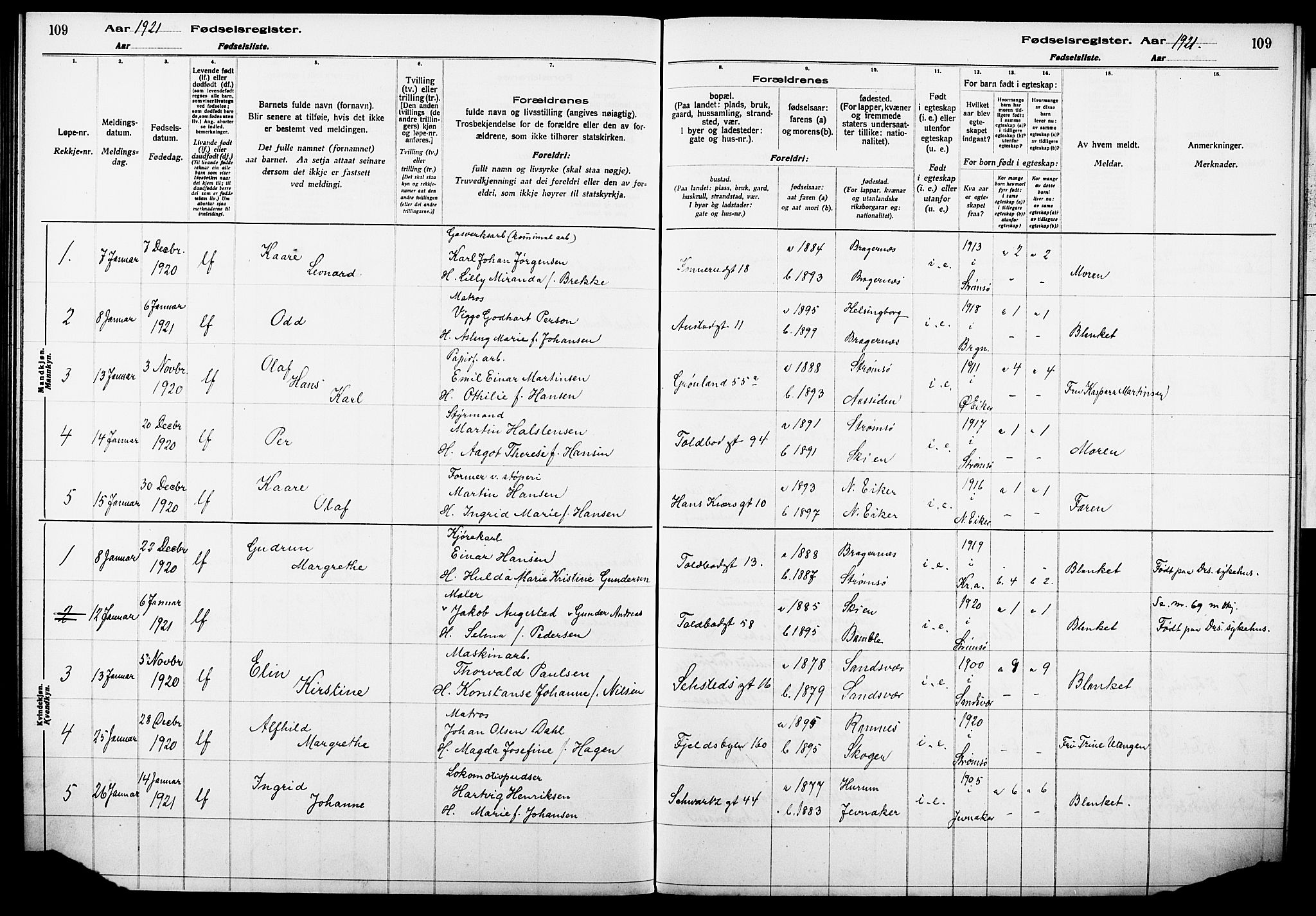 Strømsø kirkebøker, AV/SAKO-A-246/J/Ja/L0001: Fødselsregister nr. I 1, 1916-1925, s. 109