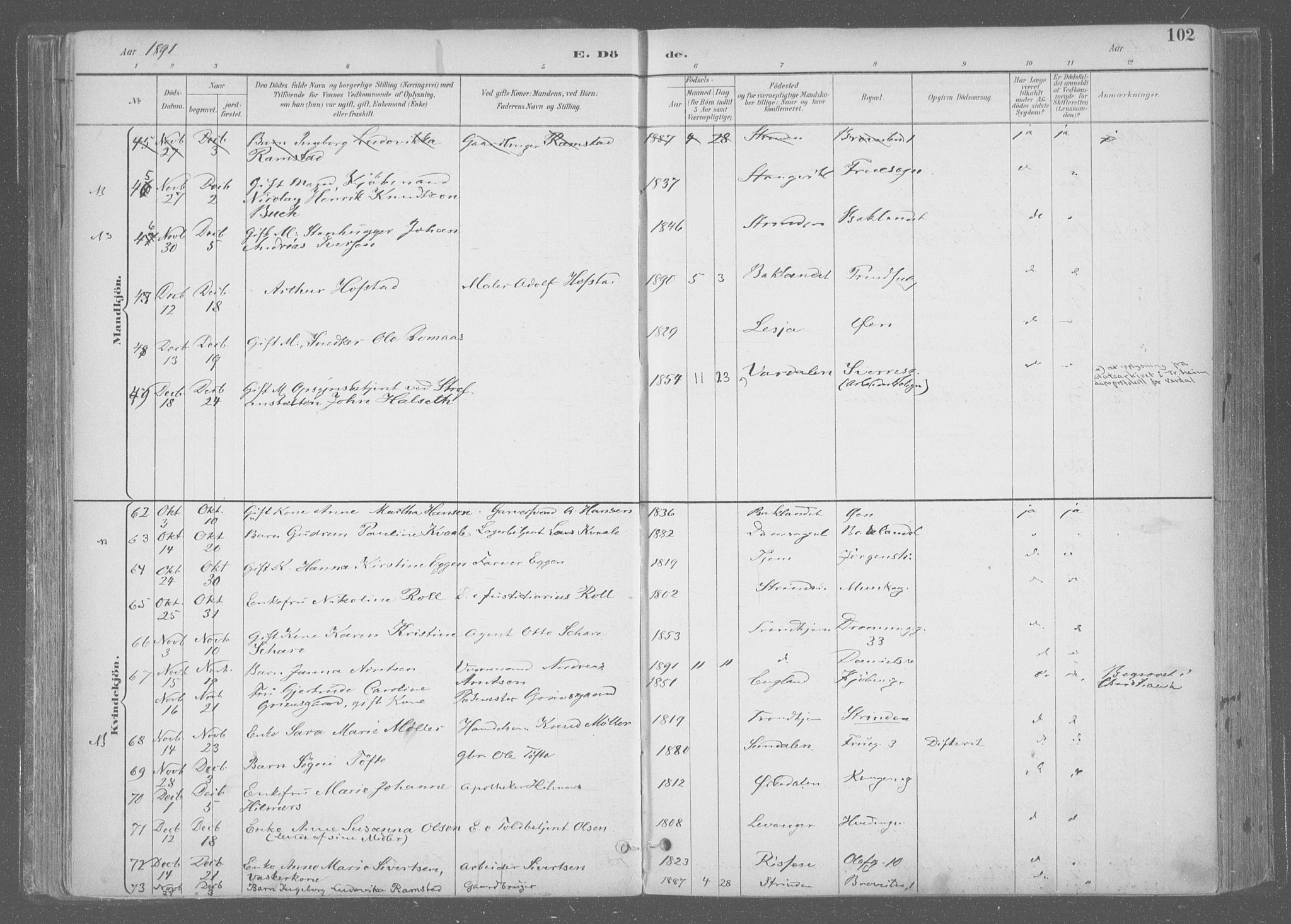 Ministerialprotokoller, klokkerbøker og fødselsregistre - Sør-Trøndelag, AV/SAT-A-1456/601/L0064: Ministerialbok nr. 601A31, 1891-1911, s. 102