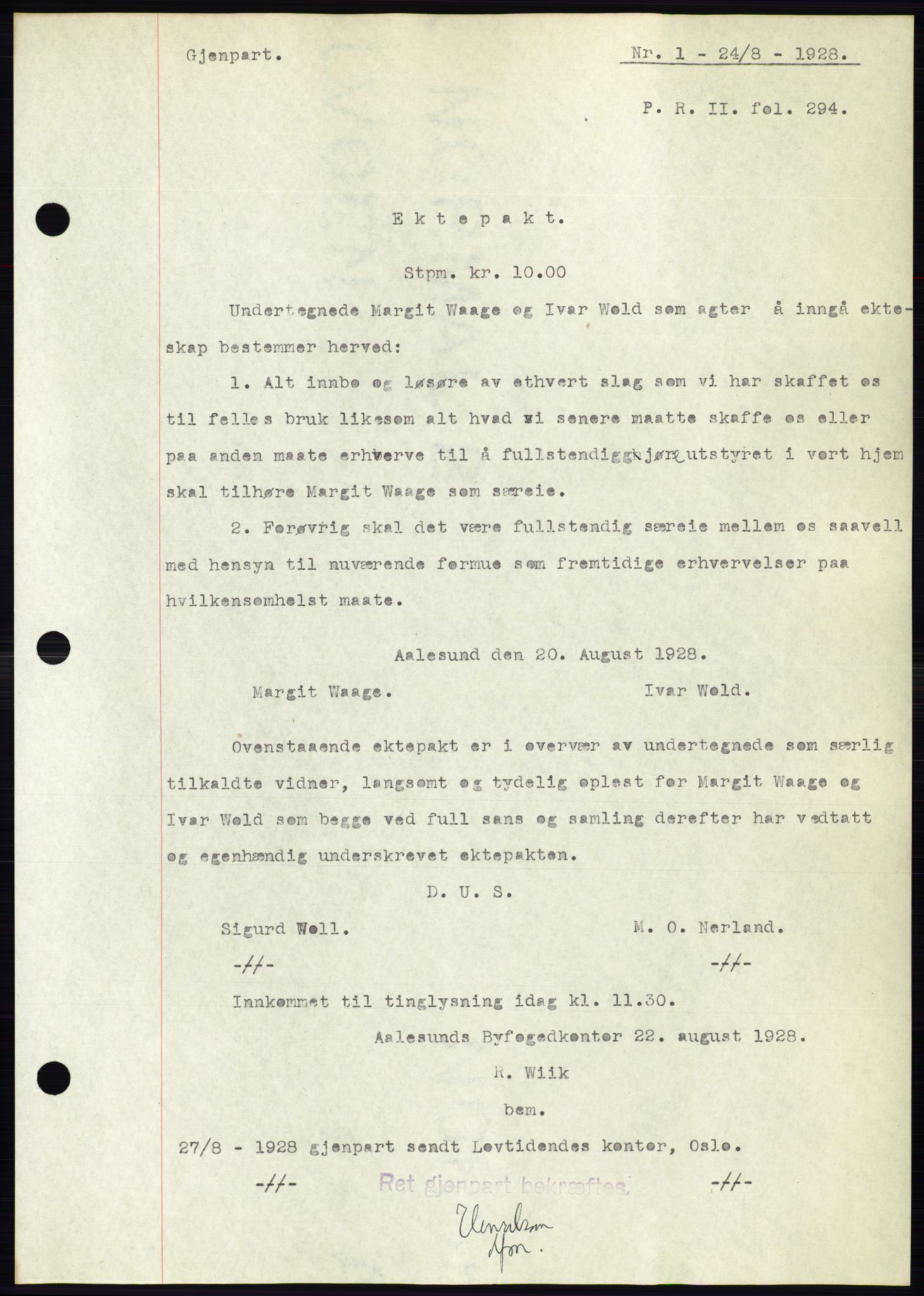 Ålesund byfogd, AV/SAT-A-4384: Pantebok nr. 24, 1928-1929, Tingl.dato: 24.08.1928