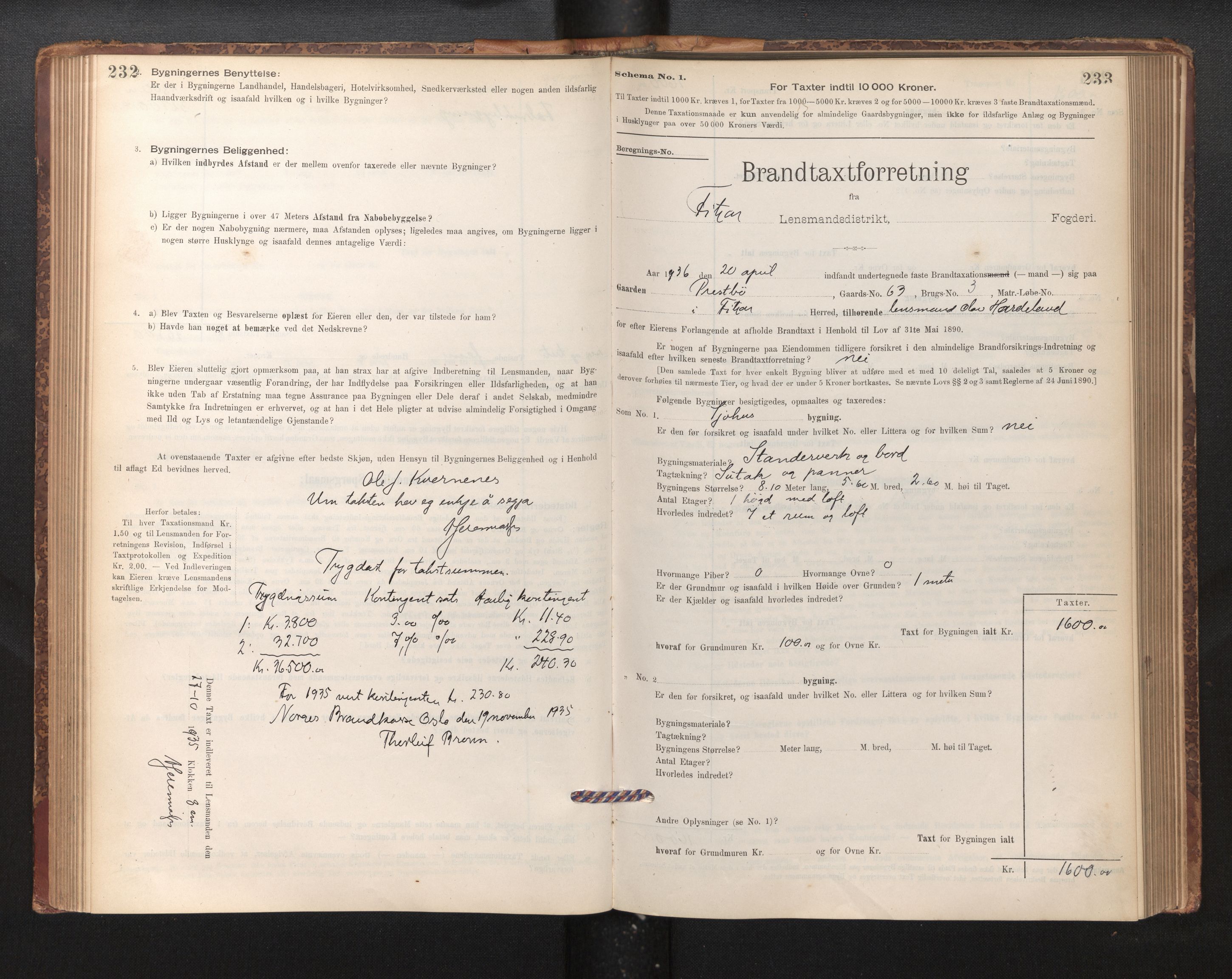 Lensmannen i Fitjar, AV/SAB-A-32001/0012/L0001: Branntakstprotokoll, skjematakst, 1895-1948, s. 232-233