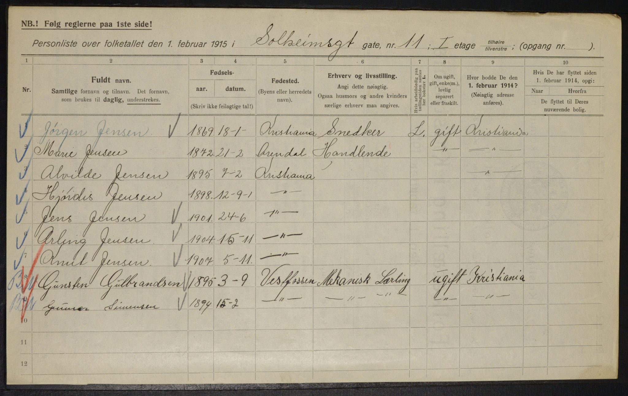 OBA, Kommunal folketelling 1.2.1915 for Kristiania, 1915, s. 99493