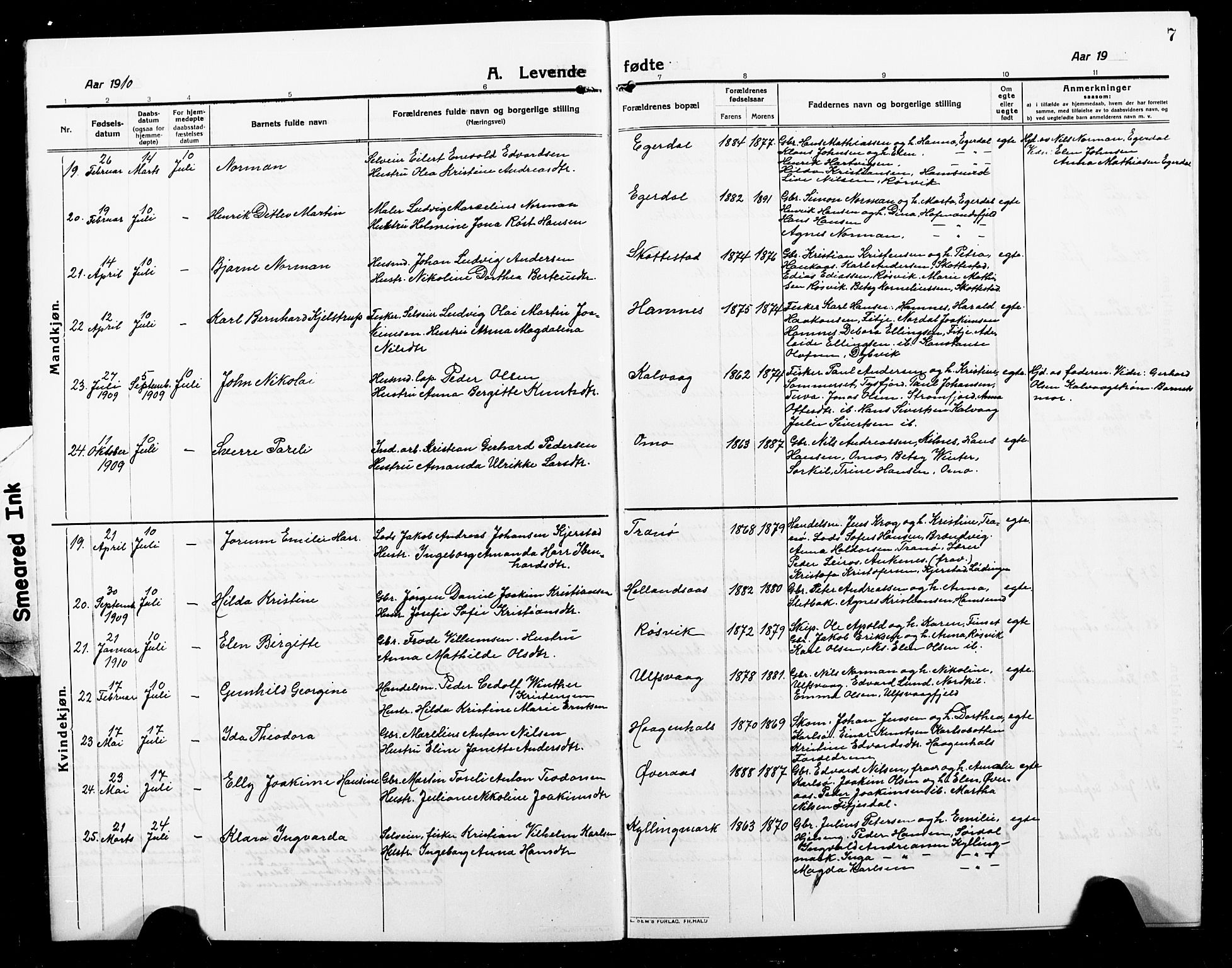 Ministerialprotokoller, klokkerbøker og fødselsregistre - Nordland, AV/SAT-A-1459/859/L0861: Klokkerbok nr. 859C07, 1910-1925, s. 7