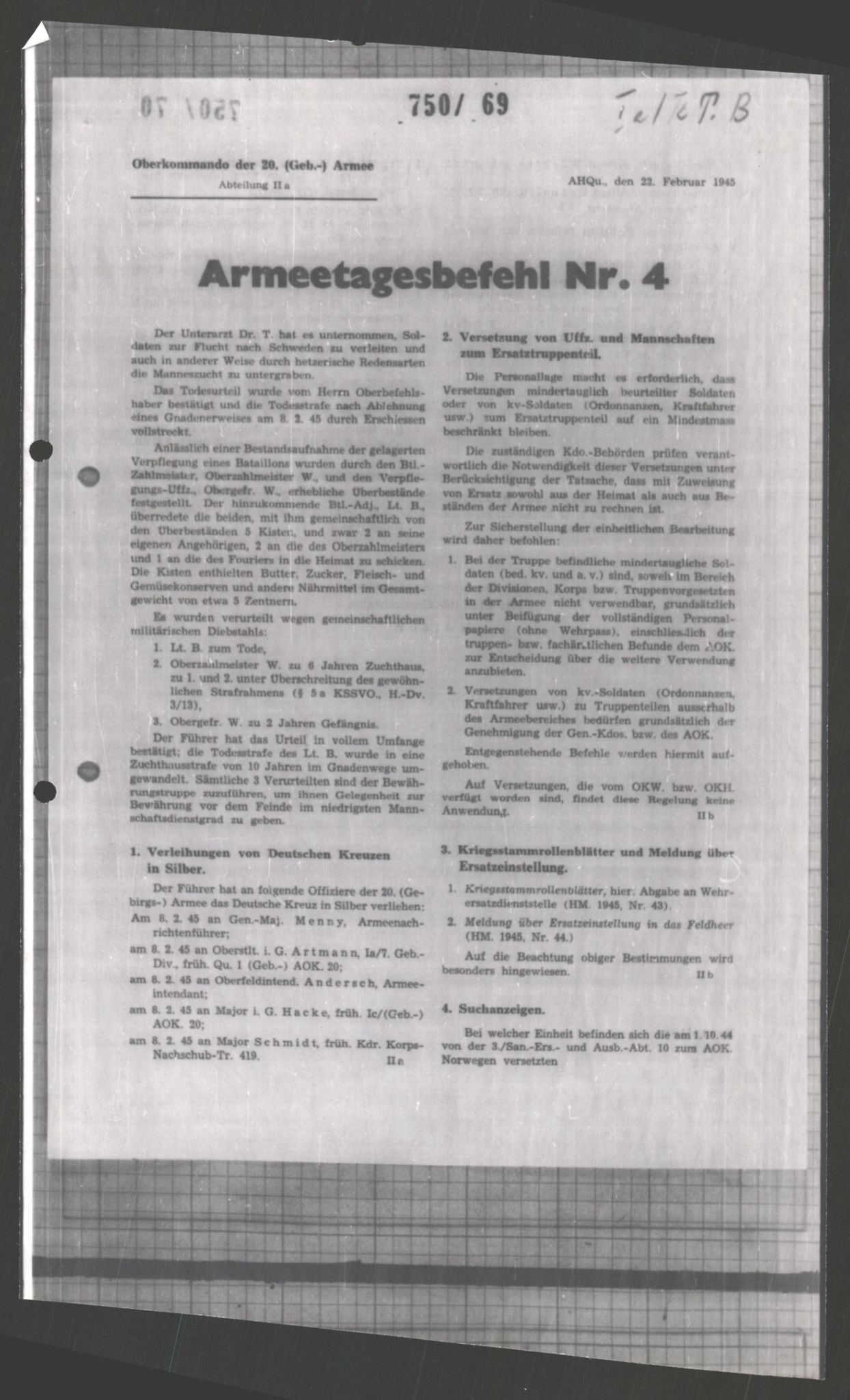 Forsvarets Overkommando. 2 kontor. Arkiv 11.4. Spredte tyske arkivsaker, AV/RA-RAFA-7031/D/Dar/Dara/L0003: Krigsdagbøker for 20. Gebirgs-Armee-Oberkommando (AOK 20), 1945, s. 461