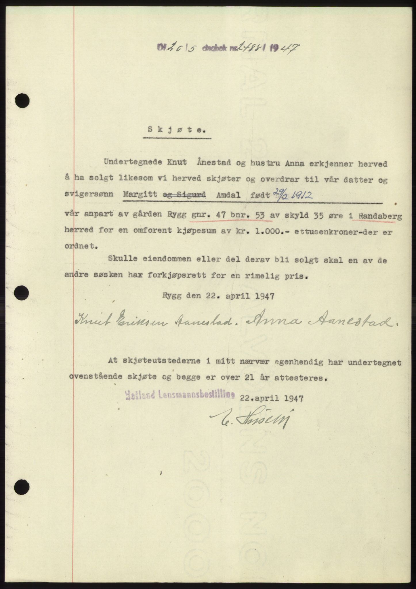 Jæren sorenskriveri, SAST/A-100310/03/G/Gba/L0094: Pantebok, 1947-1947, Dagboknr: 2488/1947