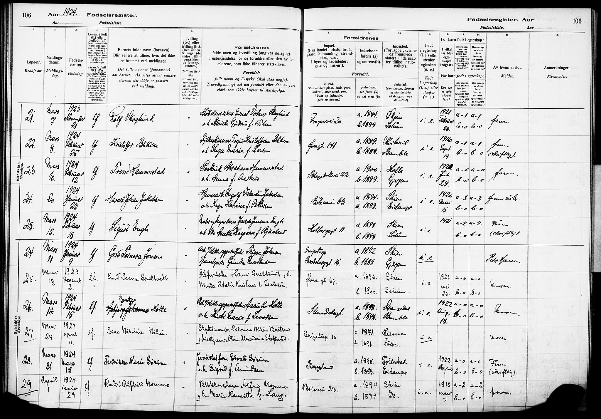 Skien kirkebøker, AV/SAKO-A-302/J/Ja/L0002: Fødselsregister nr. 2, 1921-1927, s. 106